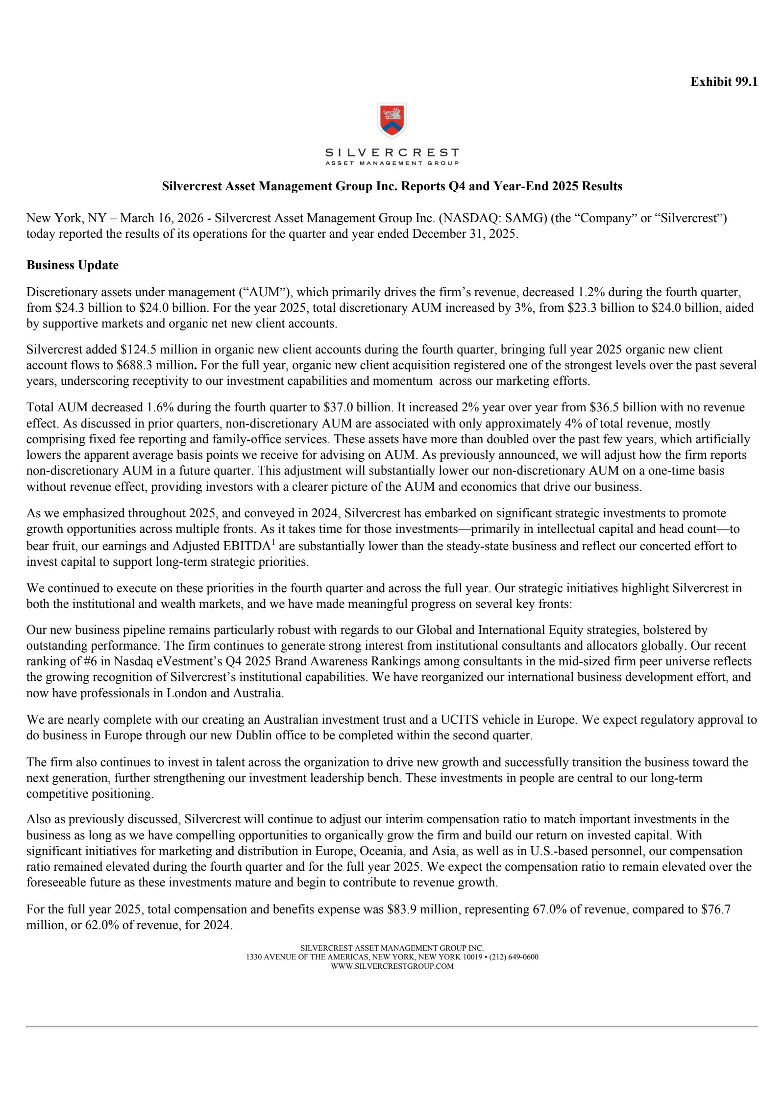Silvercrest Asset Management Group's Q4 2025 Press Release
