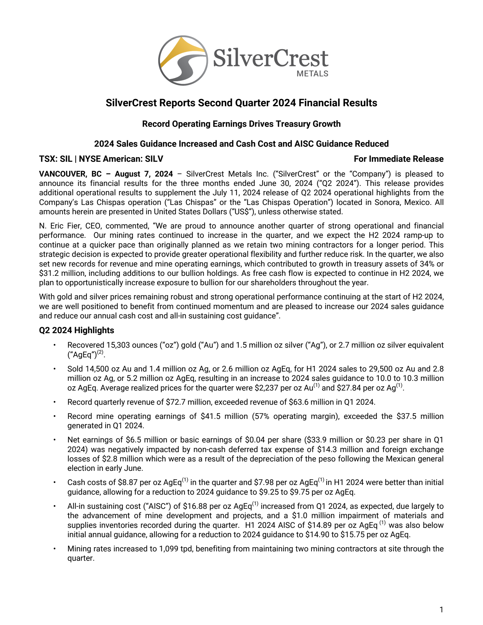 SilverCrest Metals' Q2 2024 Interim report