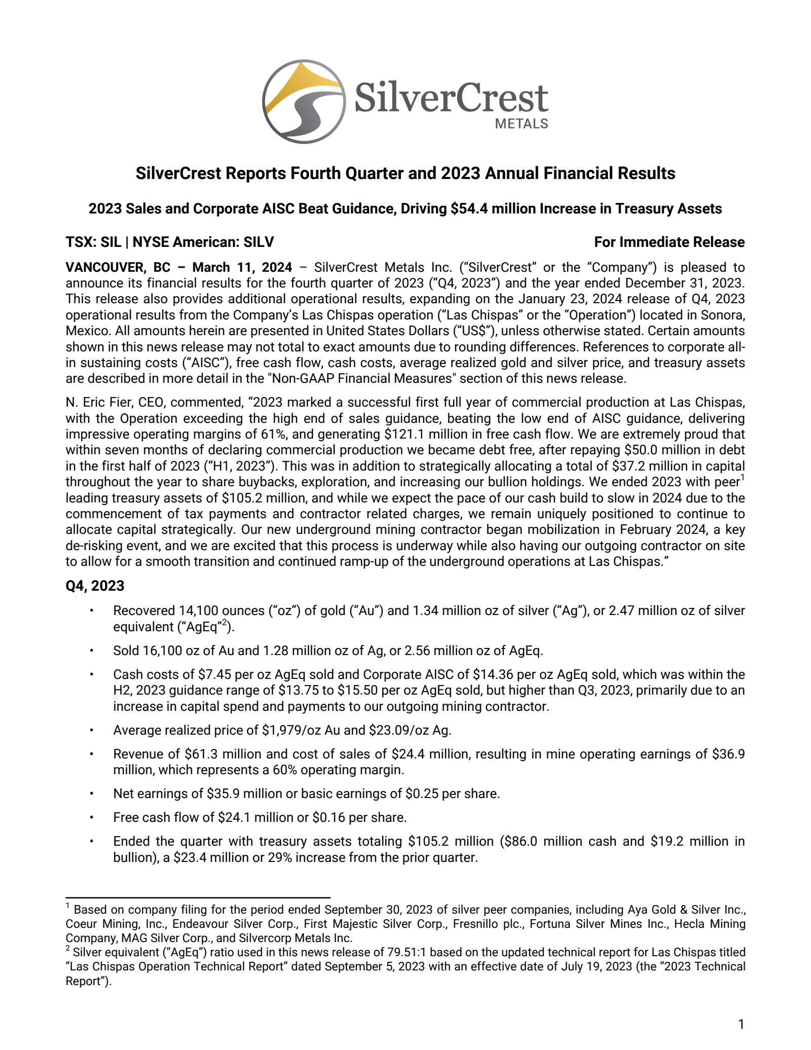 SilverCrest Metals' Q4 2023 Press Release