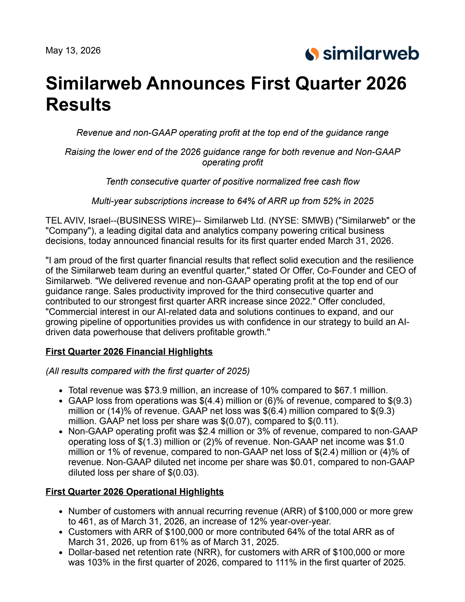 Similarweb's Q1 2026 Press Release