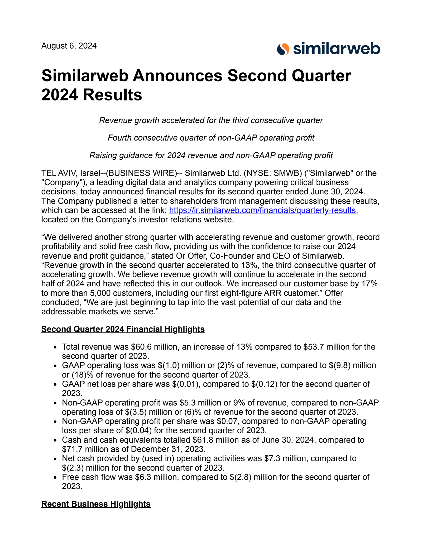 Similarweb's Q2 2024 Earnings Release