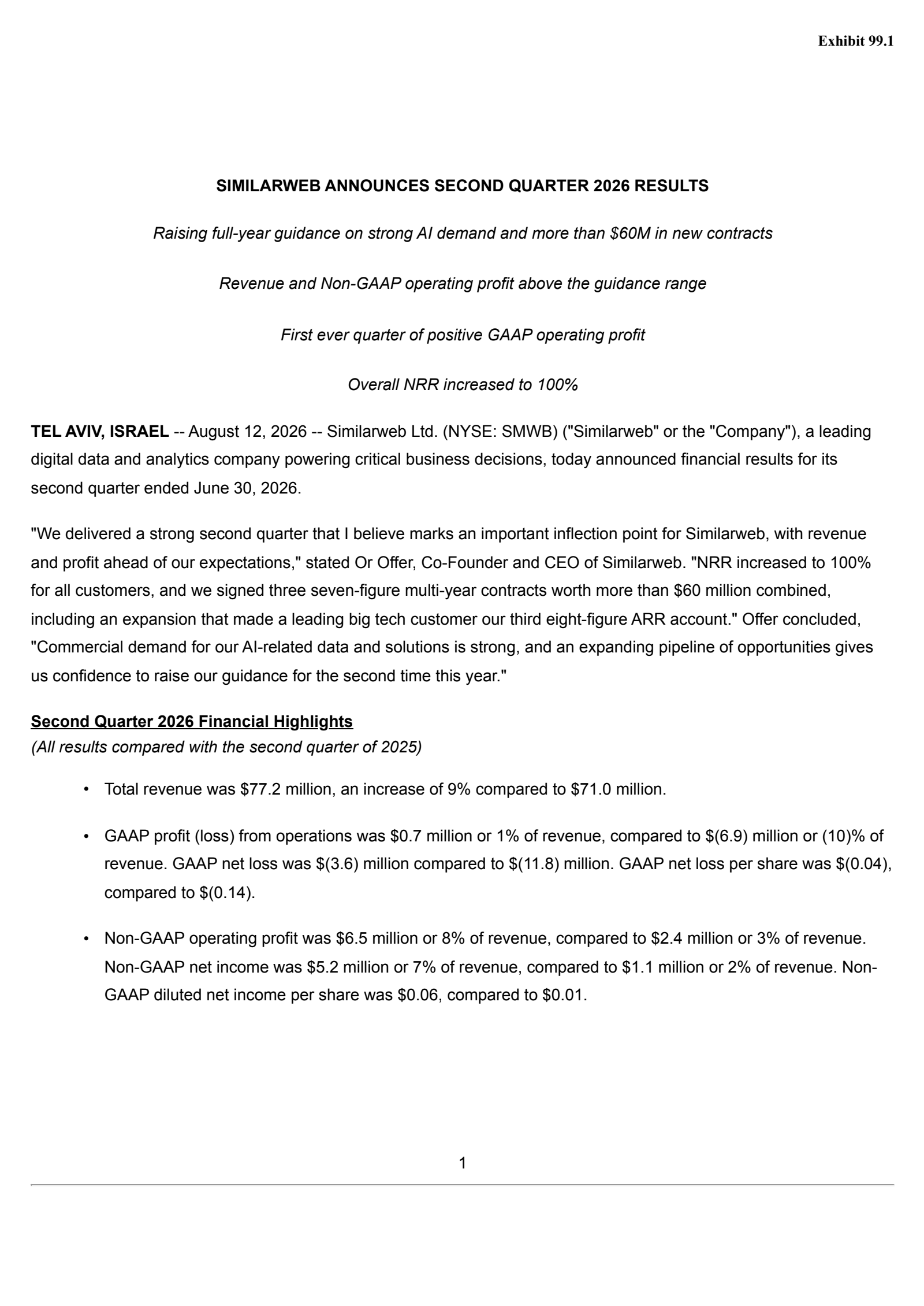 Similarweb's Q2 2026 Press Release