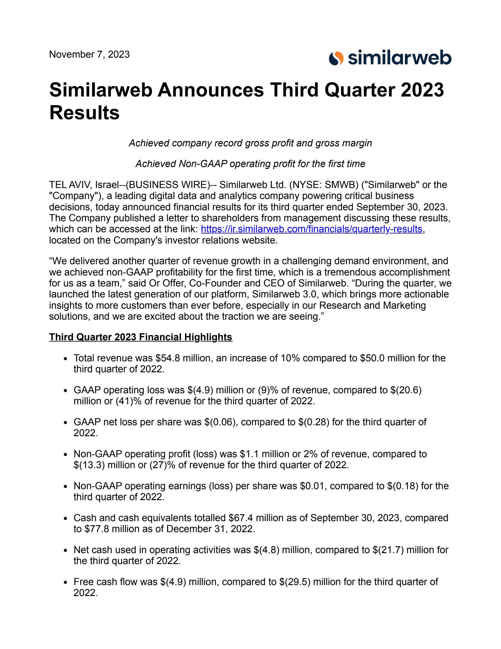 Similarweb's Q3 2023 Earnings Release