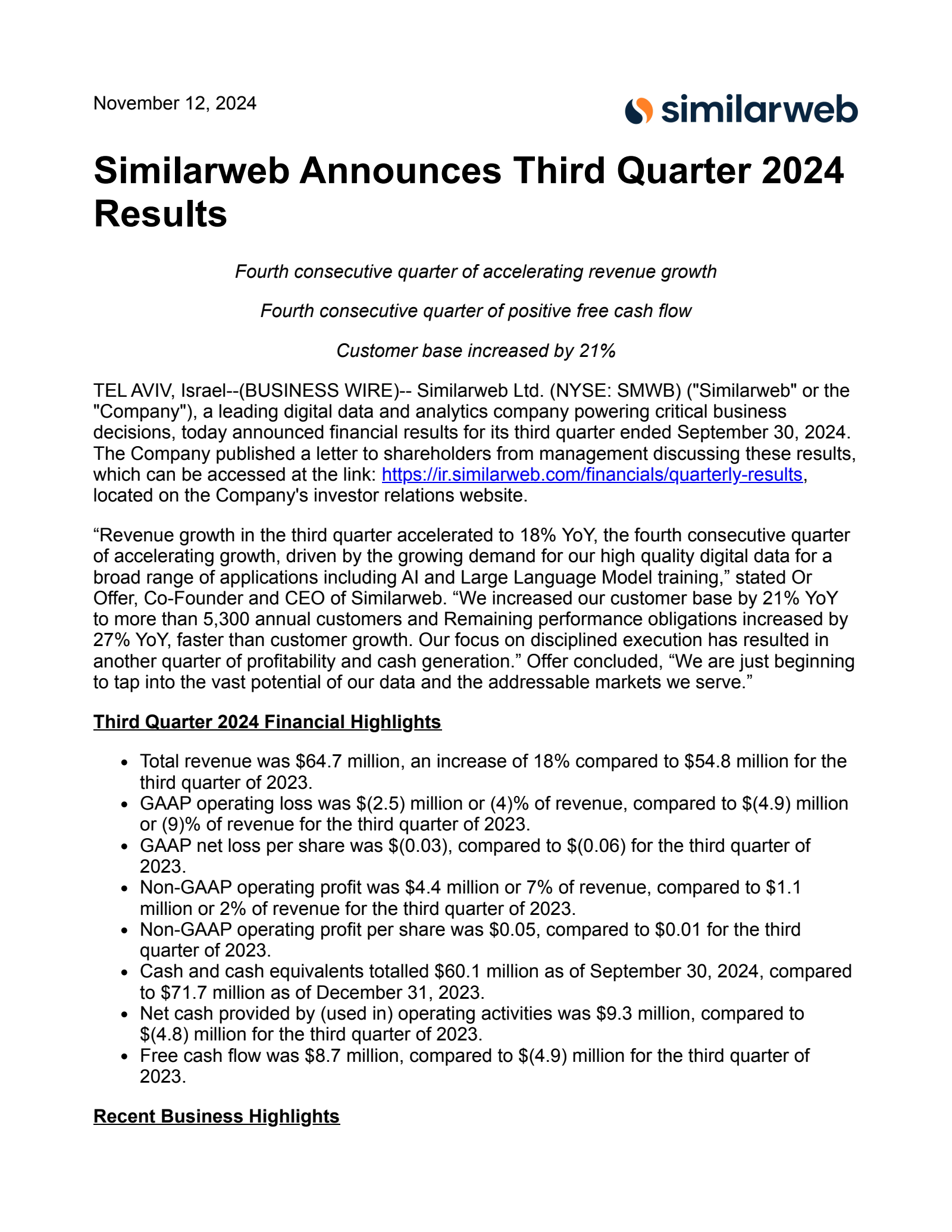 Similarweb's Q3 2024 Earnings Release