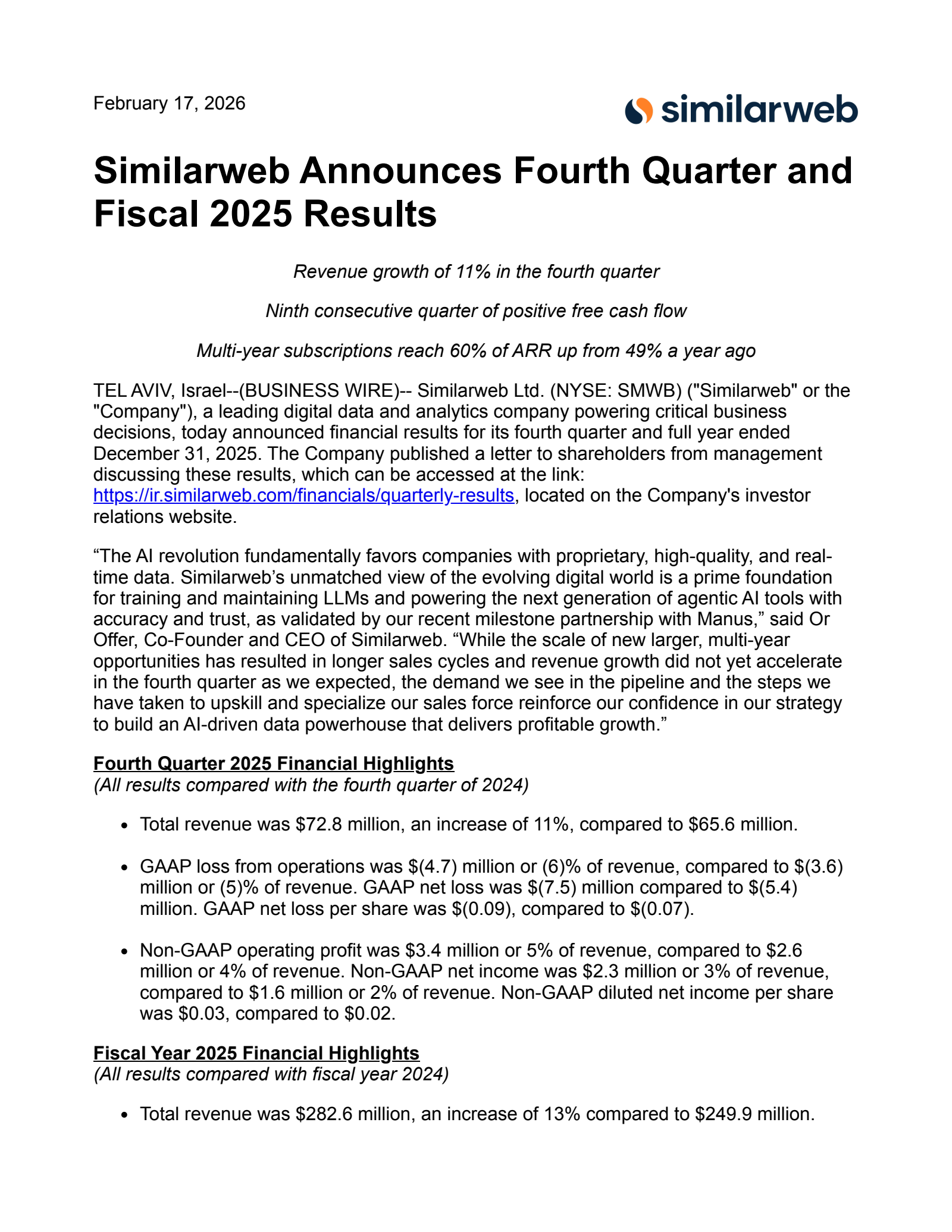 Similarweb's Q4 2025 Press Release