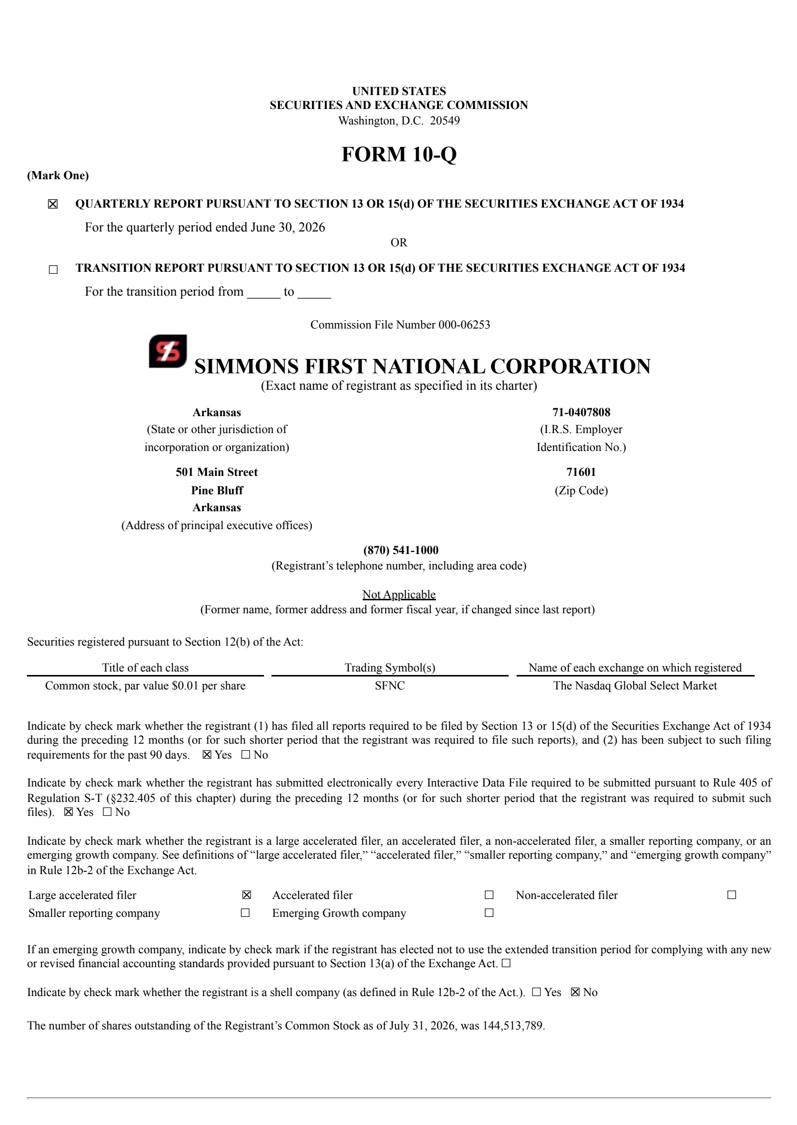 Simmons First National's Q2 2026 Quarterly report