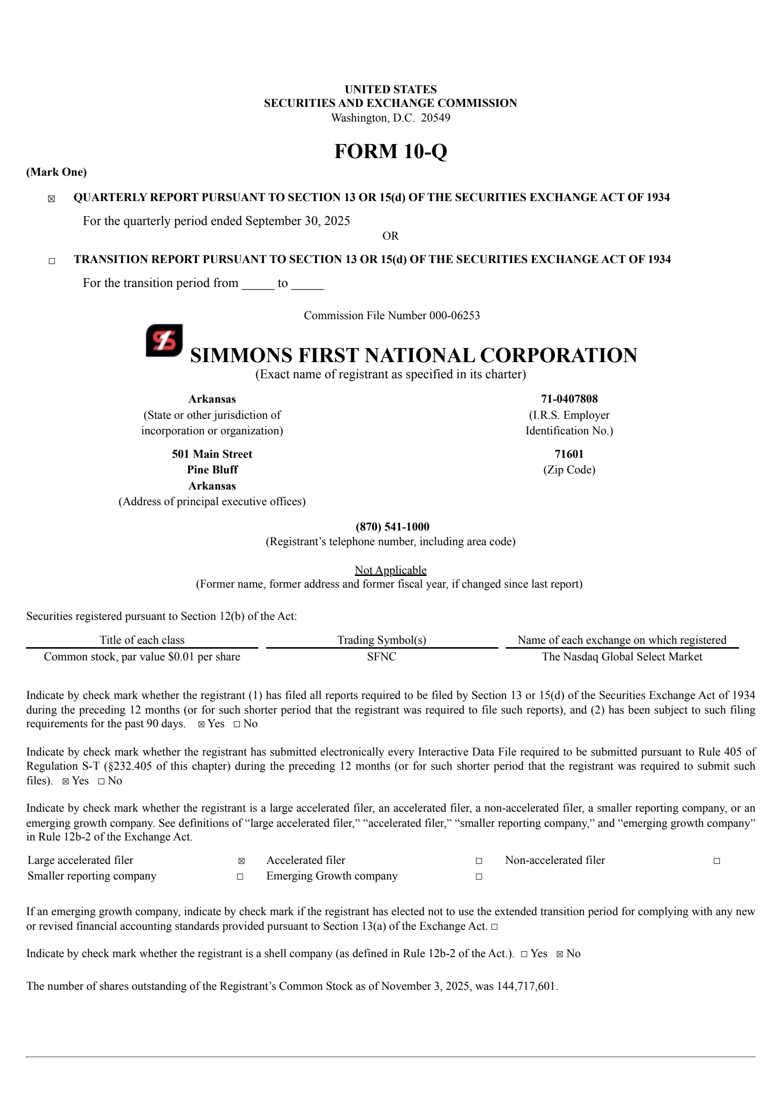 Simmons First National's Q3 2025 Quarterly Report