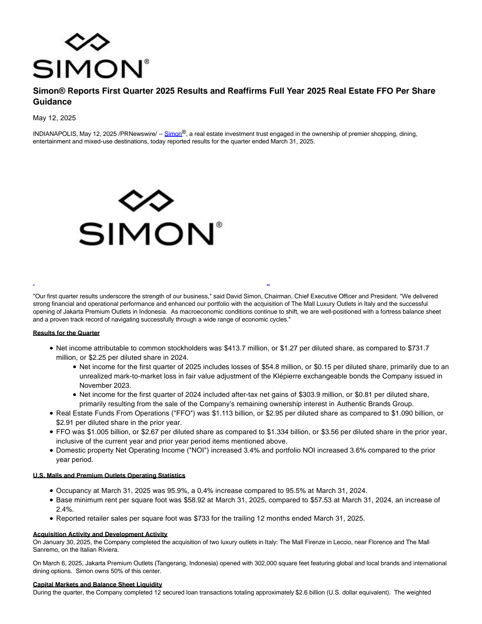 Simon Property Group's Q1 2025 Press Release