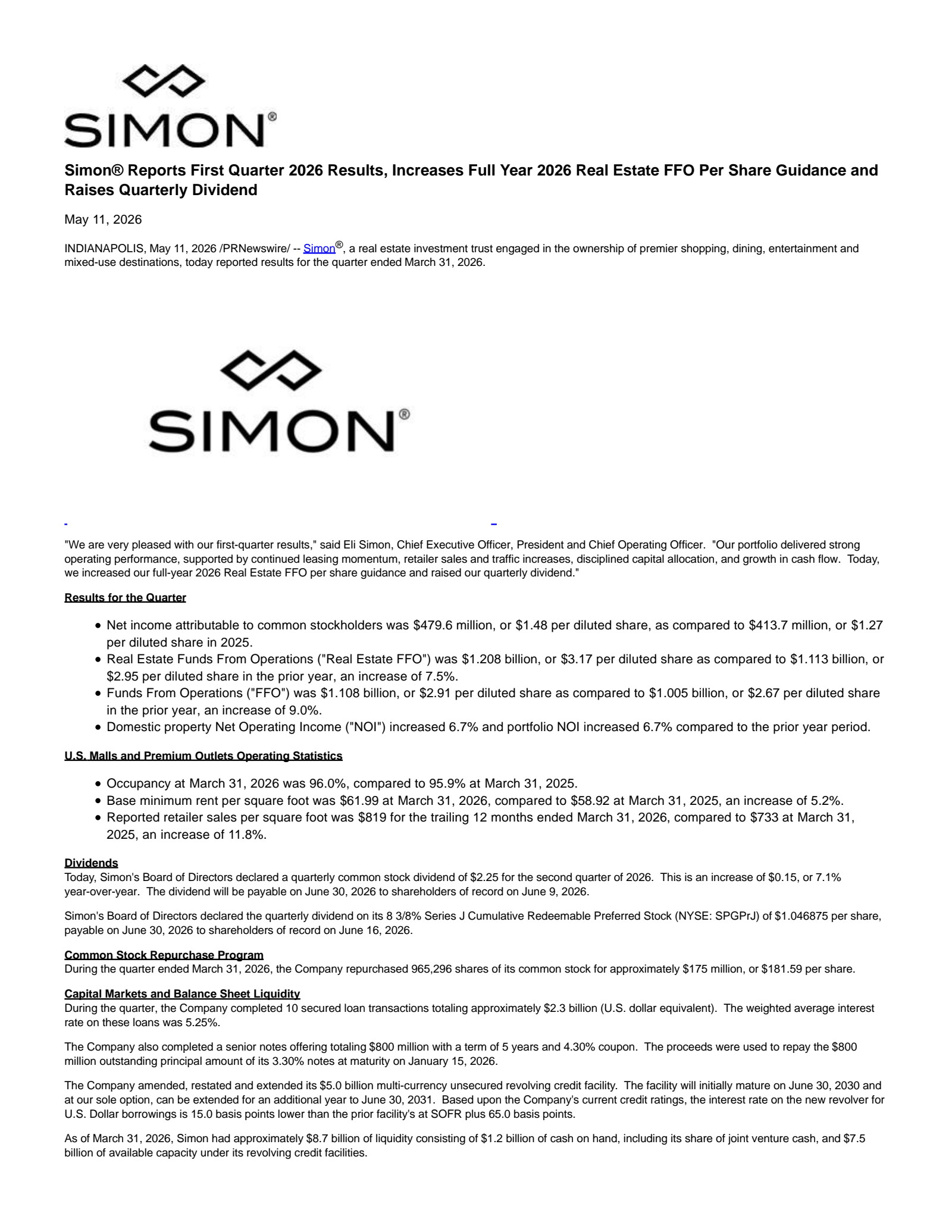 Simon Property Group's Q1 2026 Press Release