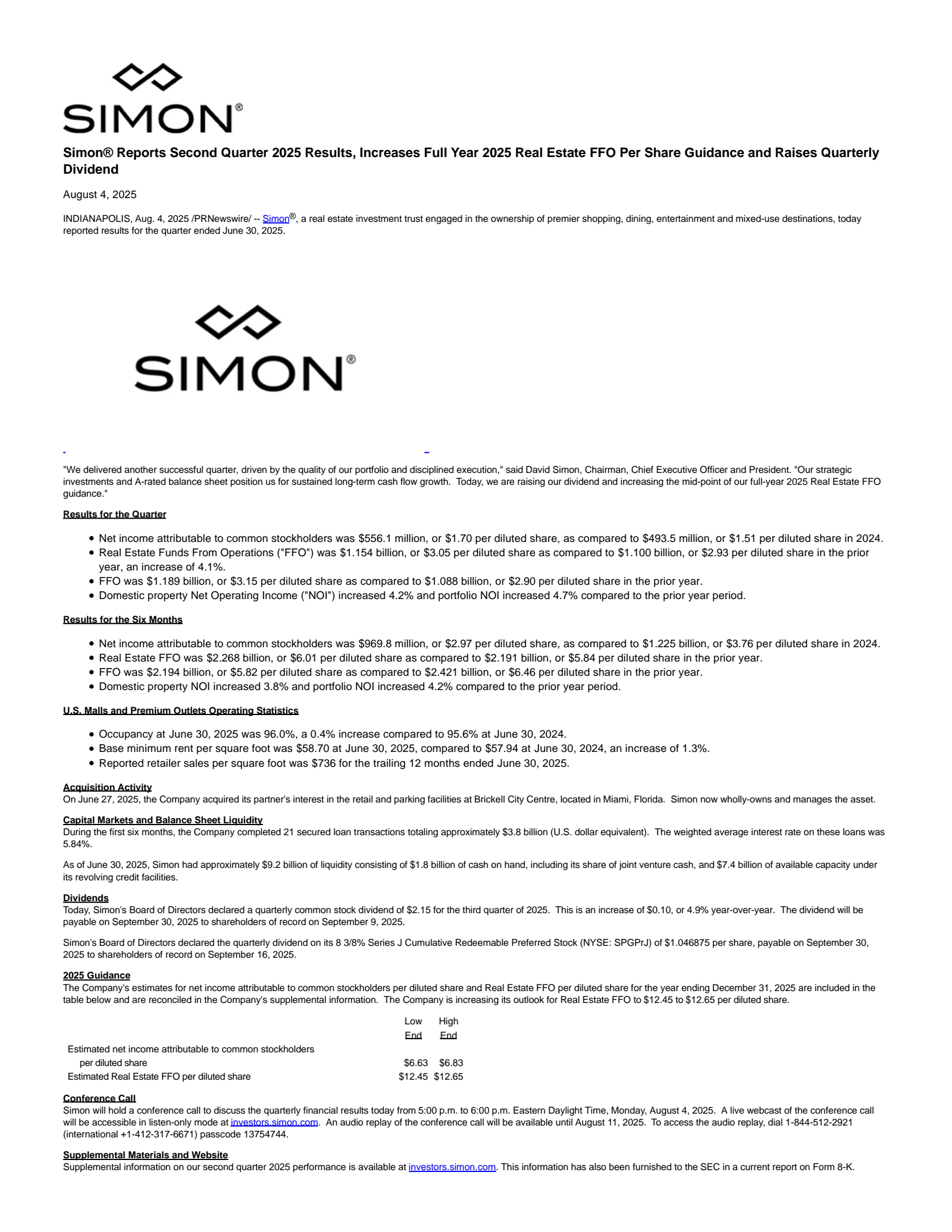 Simon Property Group's Q2 2025 Press Release