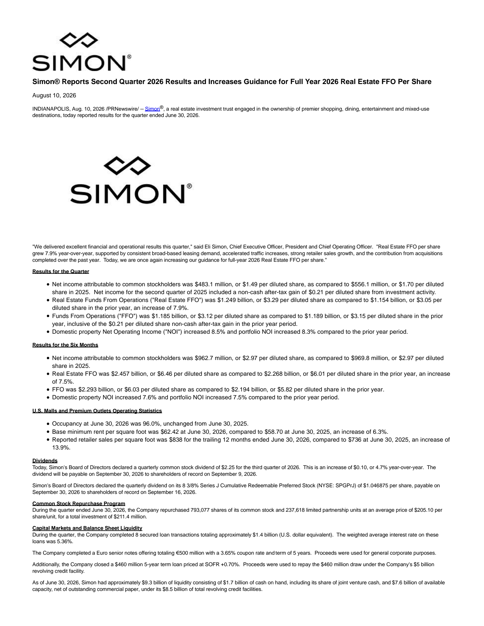 Simon Property Group's Q2 2026 Press Release