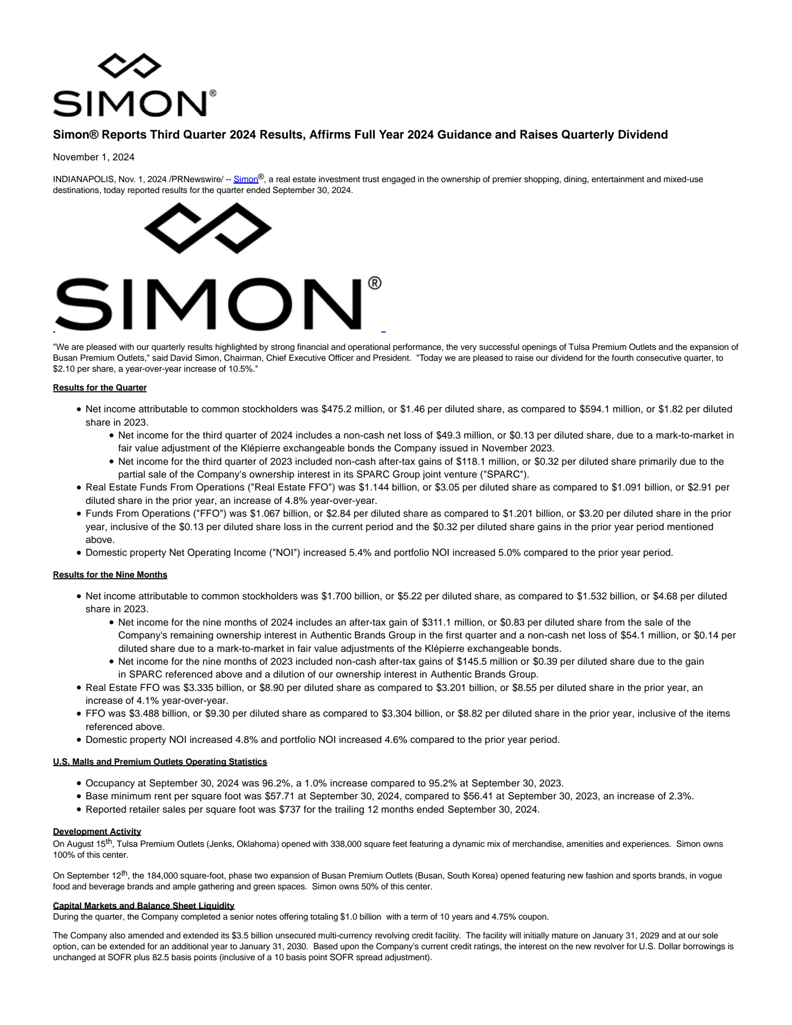 Simon Property Group's Q3 2024 Press Release