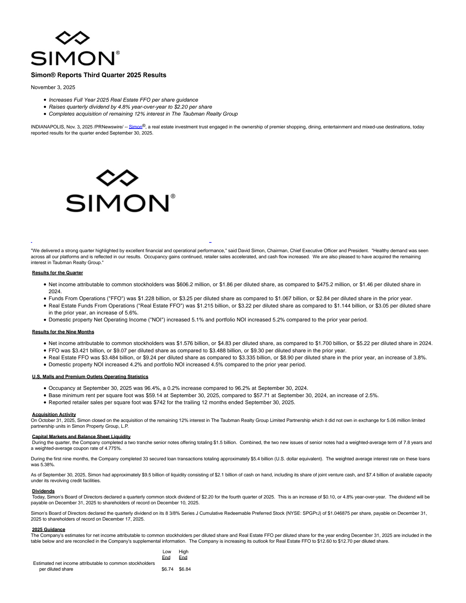 Simon Property Group's Q3 2025 Earnings Release