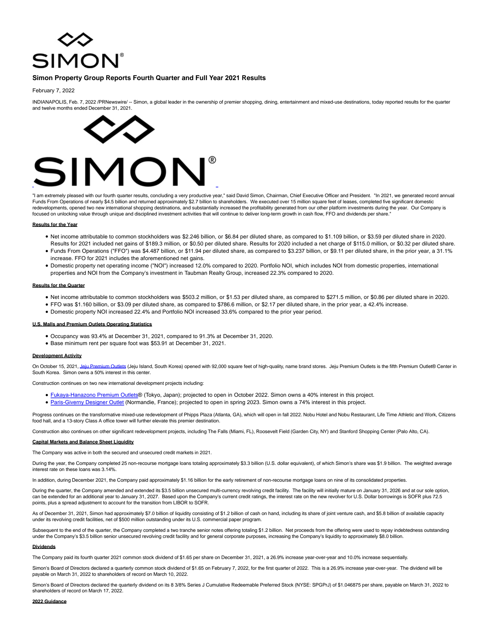 Simon Property Group's Q4 2021 Press Release