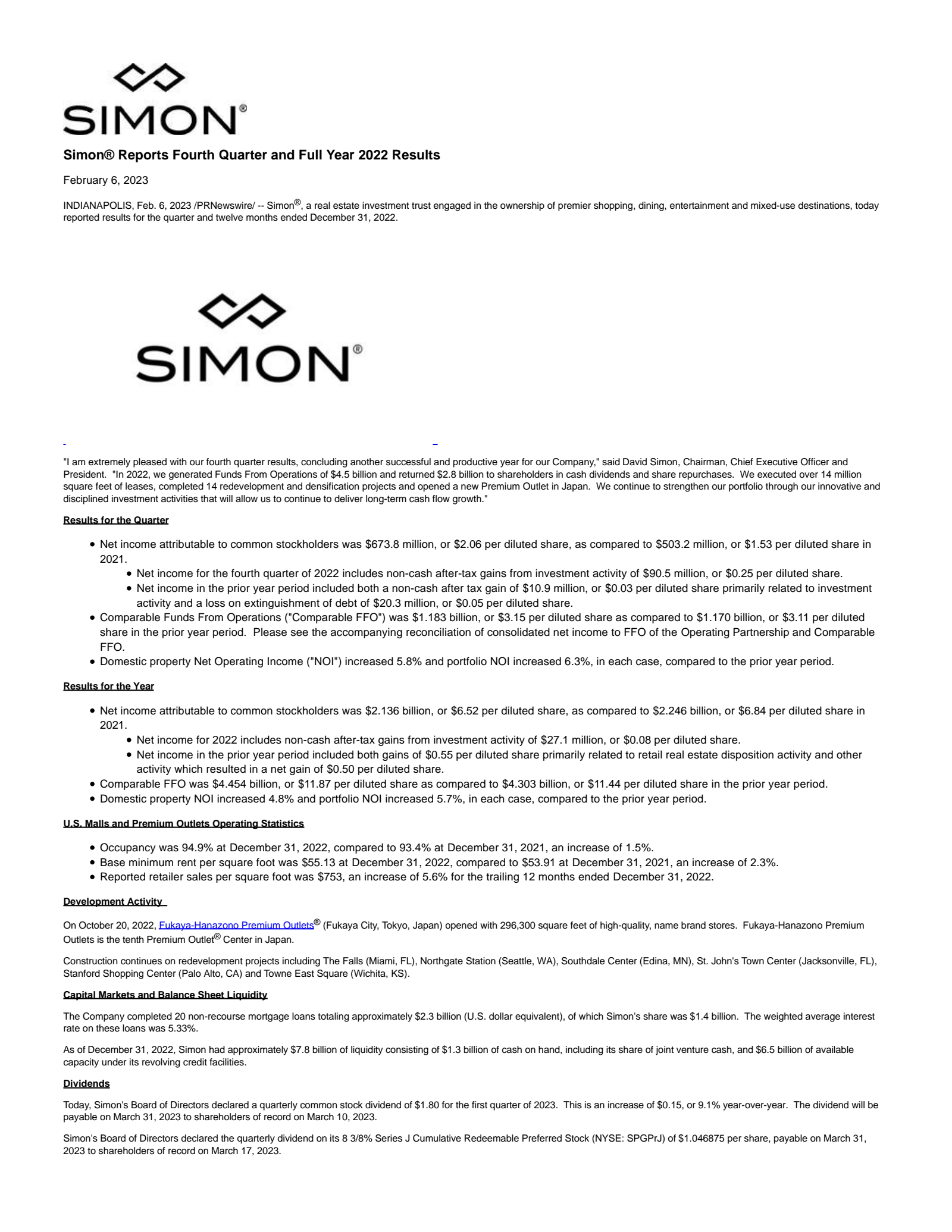 Simon Property Group's Q4 2022 Press Release