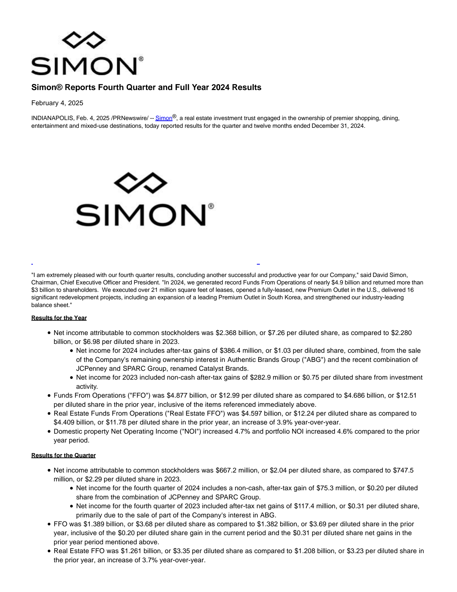 Simon Property Group's Q4 2024 Press Release