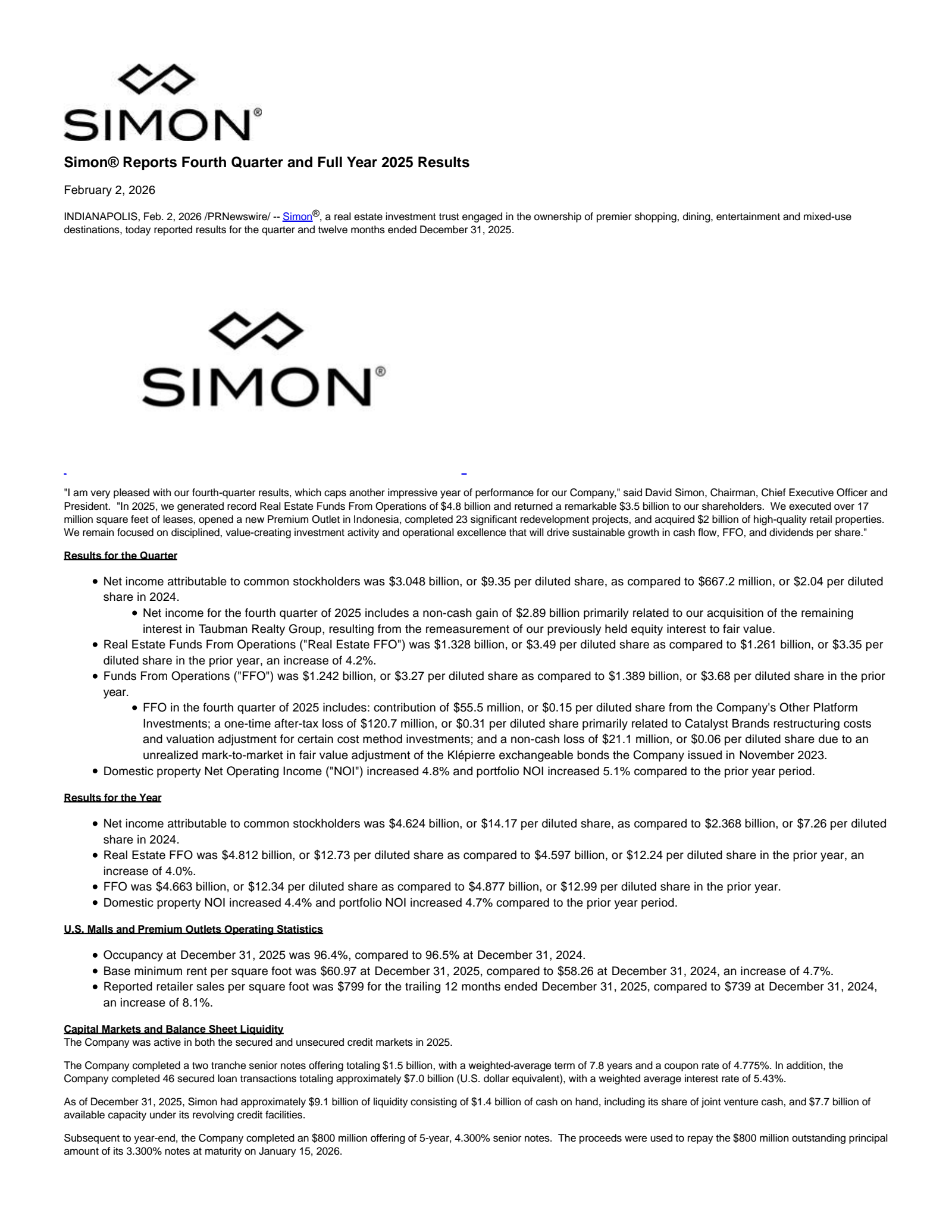 Simon Property Group's Q4 2025 Press Release