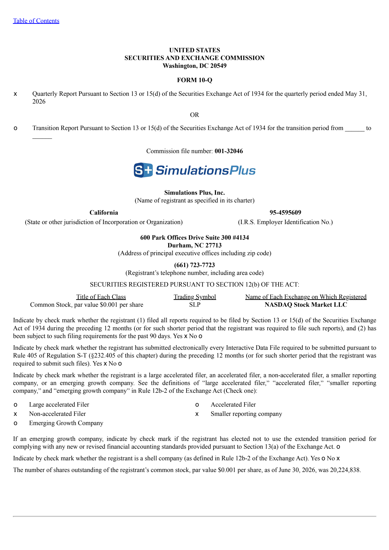 Simulations Plus' Q3 2026 Quarterly report