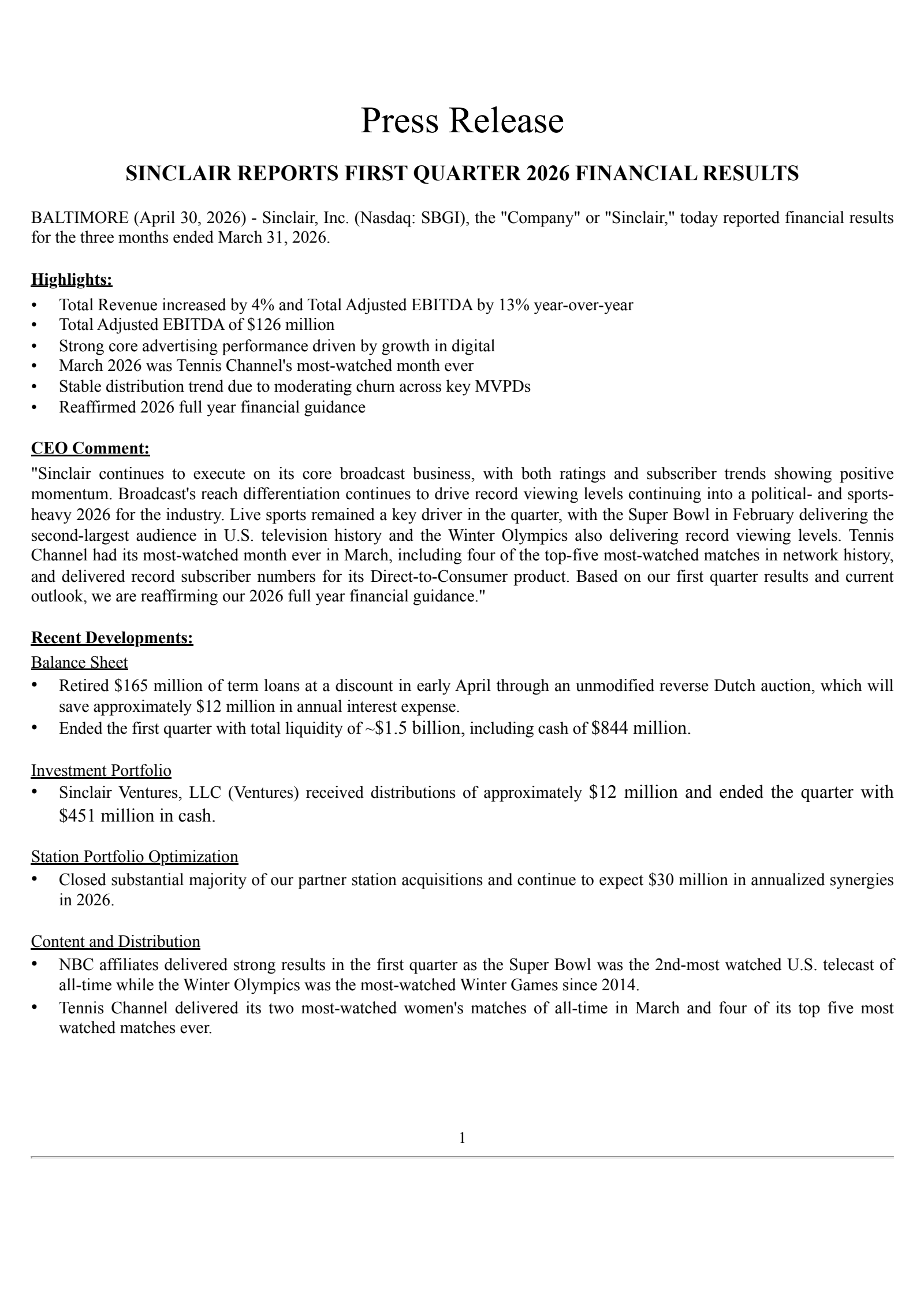 Sinclair's Q1 2026 Press Release