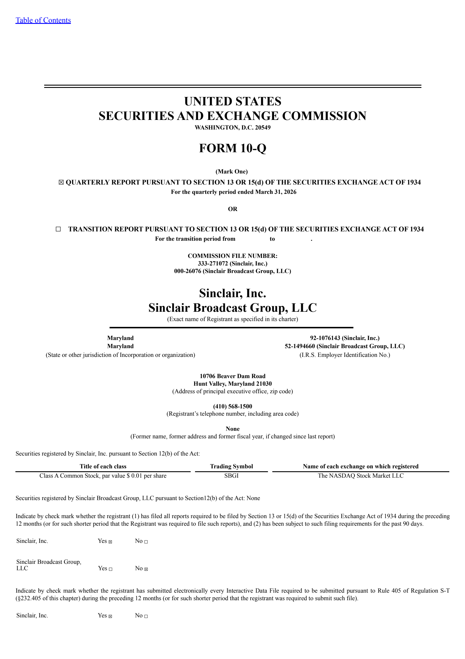 Sinclair's Q1 2026 Quarterly report