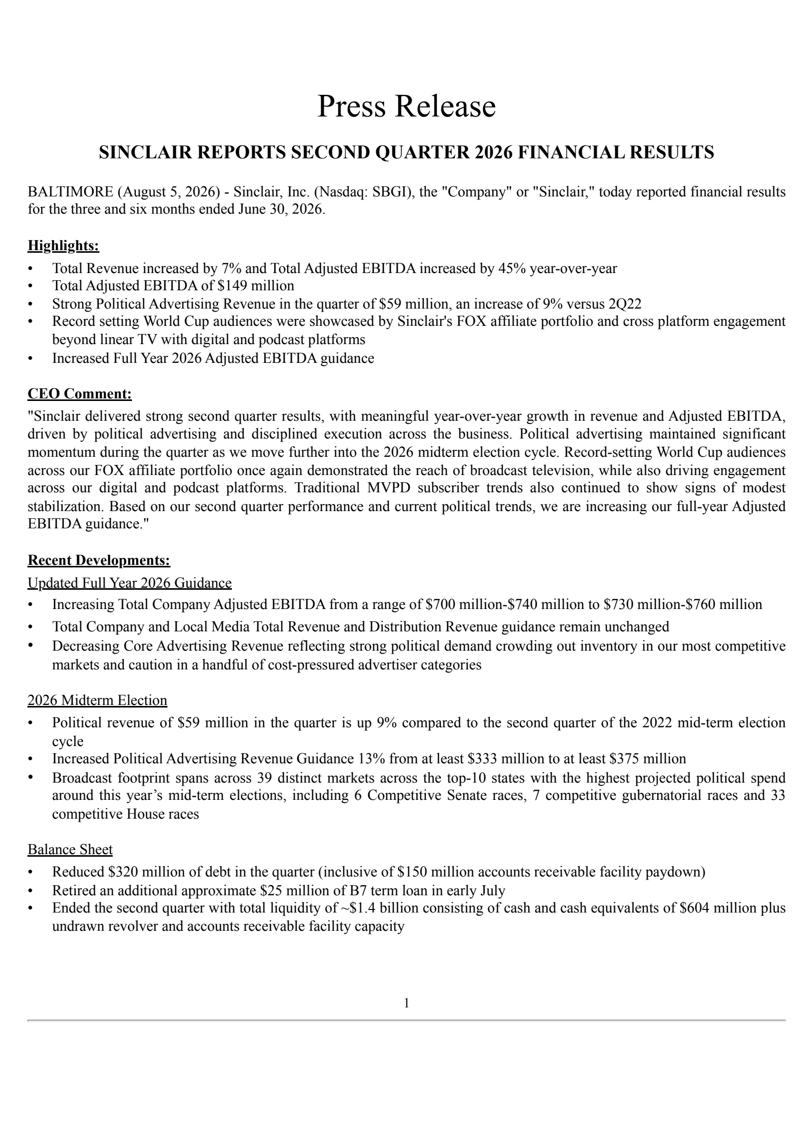 Sinclair's Q2 2026 Press Release