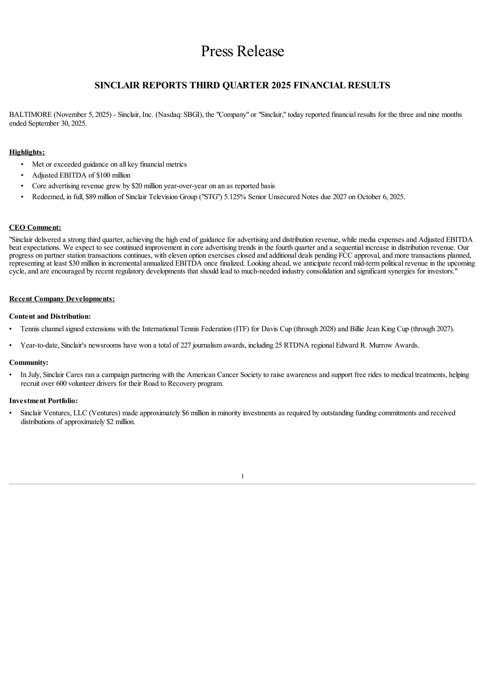 Sinclair's Q3 2025 Earnings Release