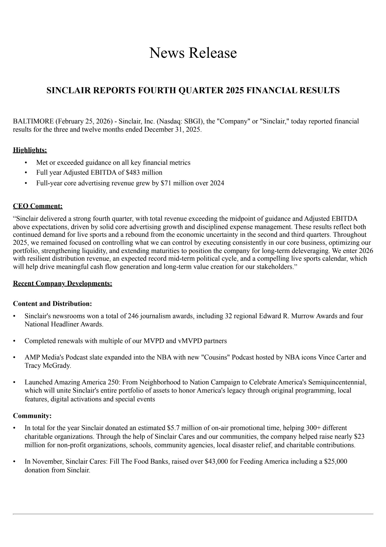 Sinclair's Q4 2025 Press Release