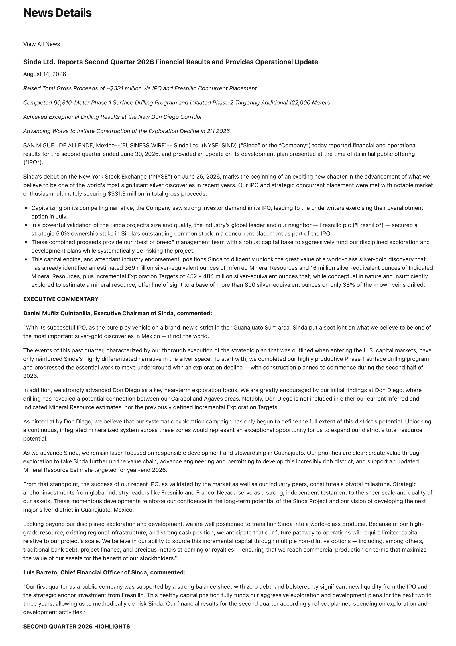 Sinda's Q2 2026 Press Release