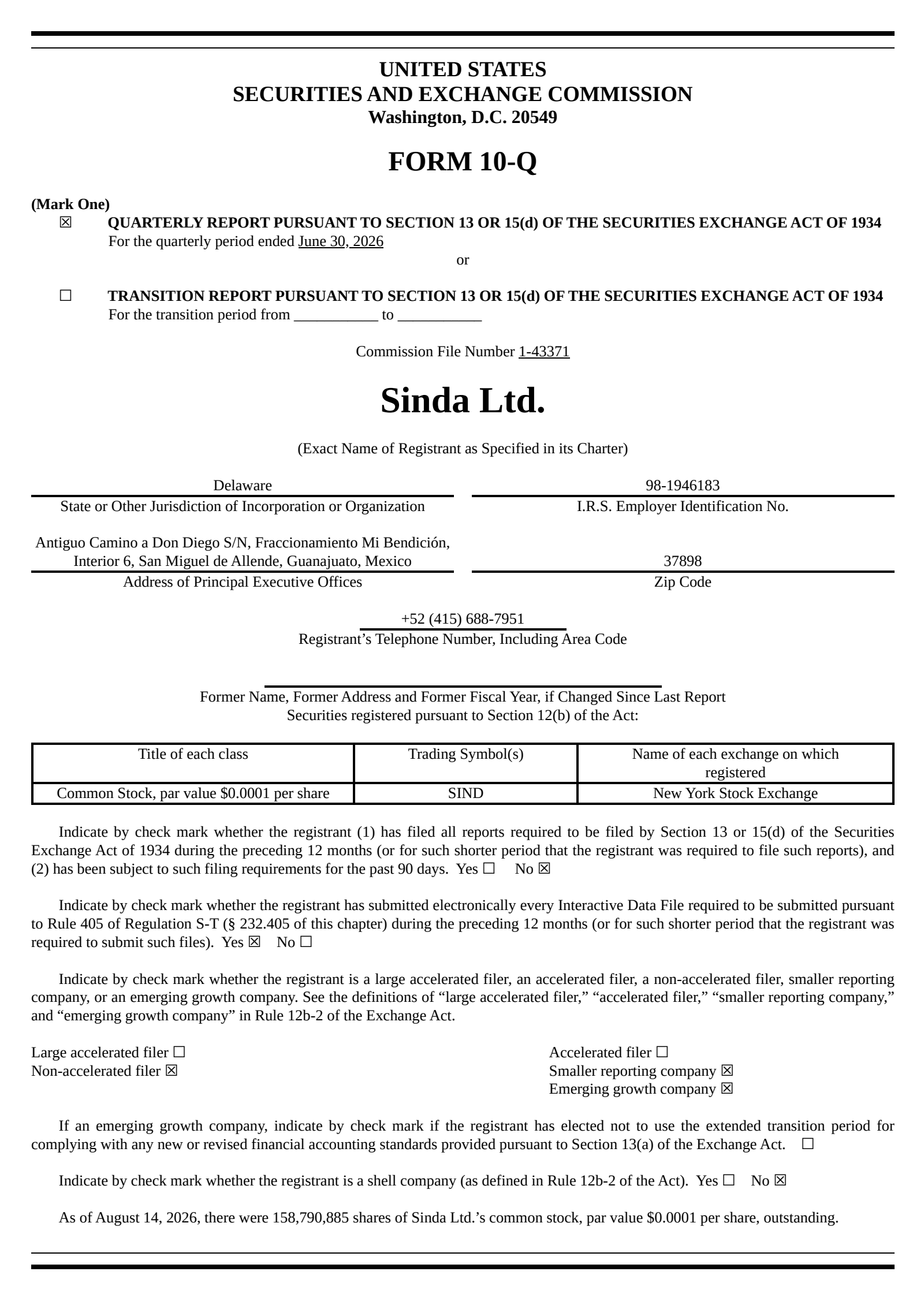 Sinda's Q2 2026 Quarterly report