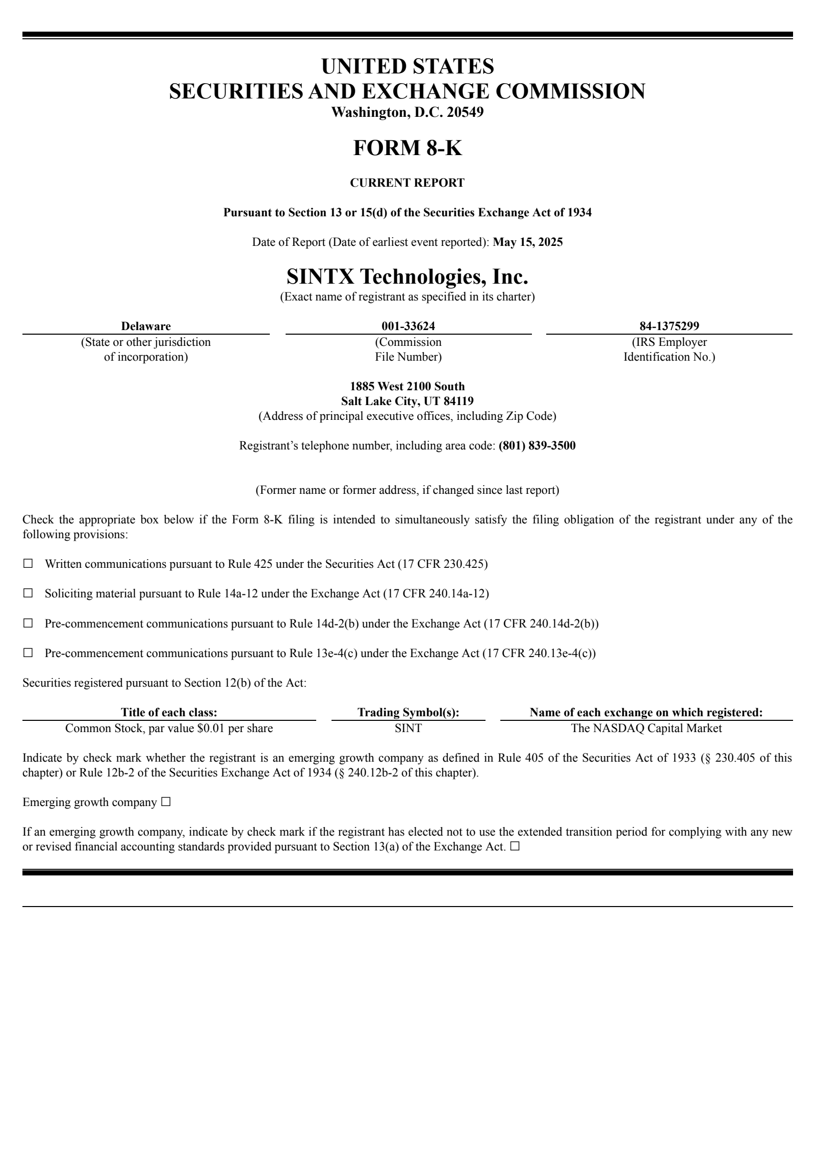 Sintx Technologies' Q1 2025 Press Release