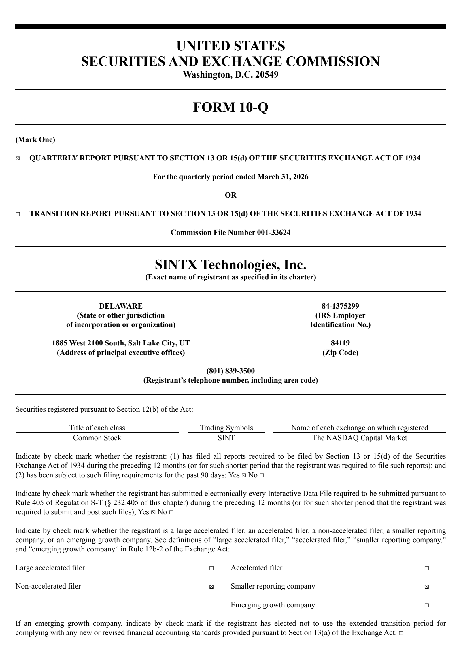 Sintx Technologies' Q1 2026 Quarterly report
