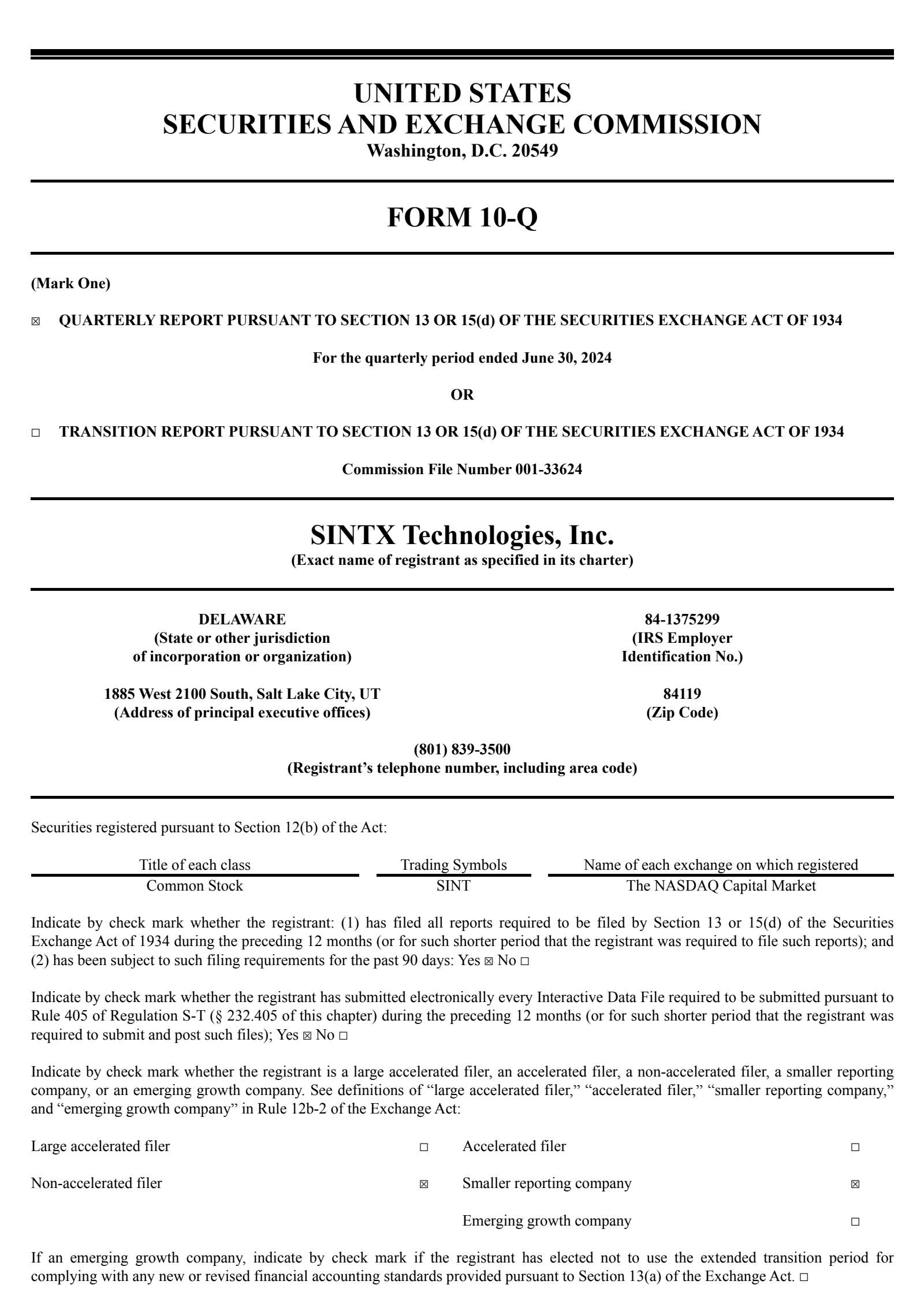 Sintx Technologies' Q2 2024 Quarterly report