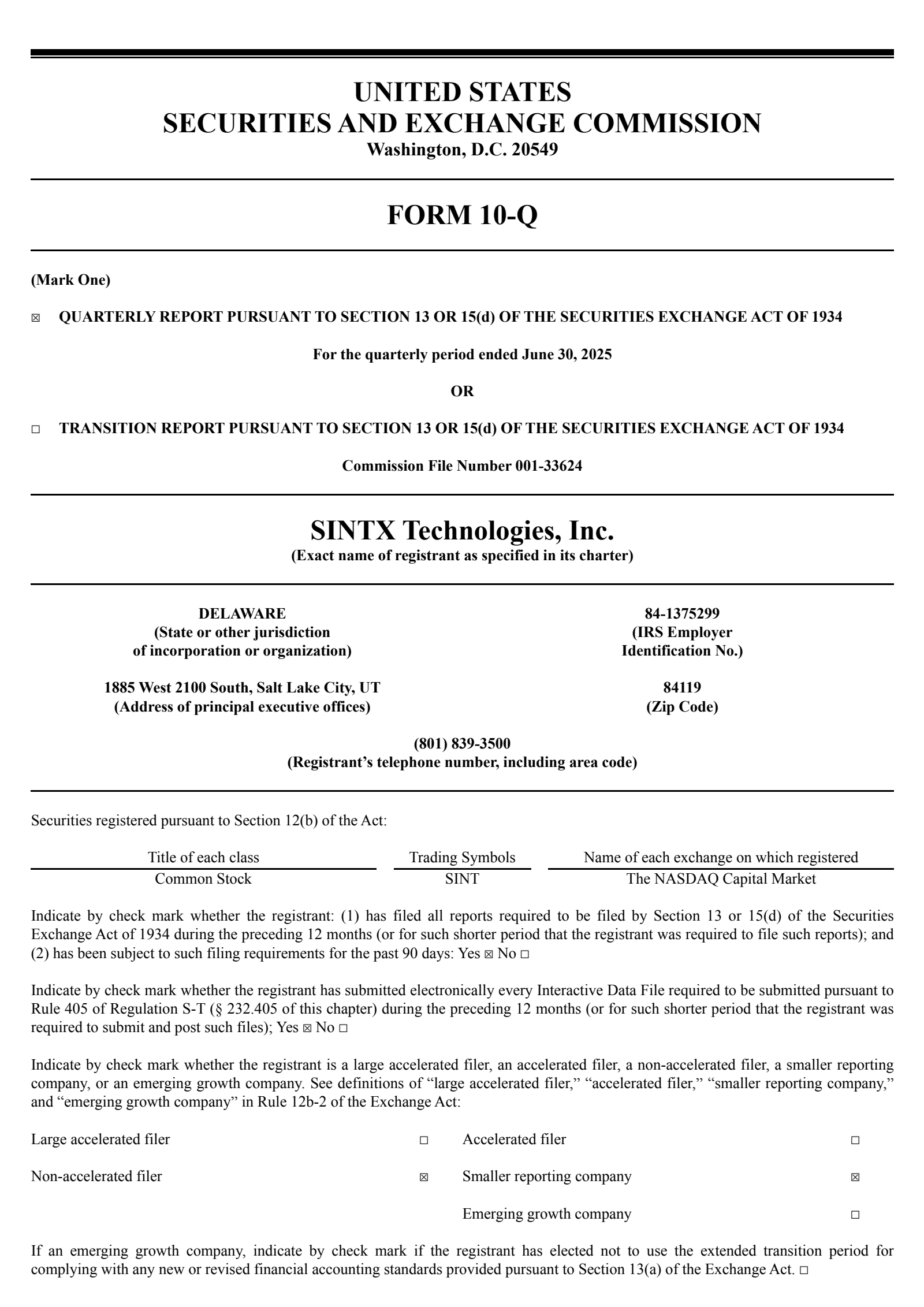 Sintx Technologies' Q2 2025 Quarterly report