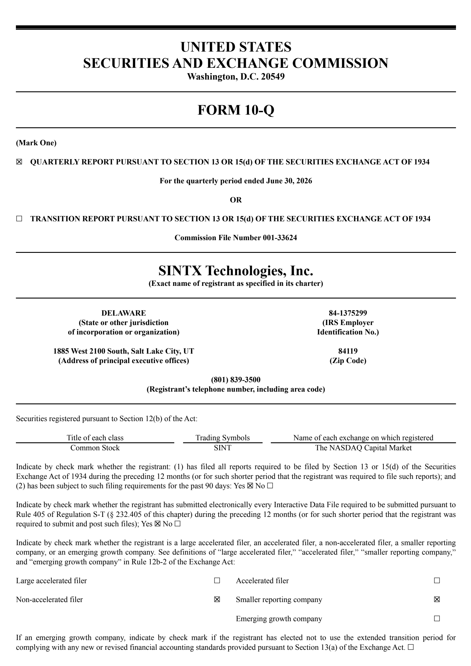Sintx Technologies' Q2 2026 Quarterly report