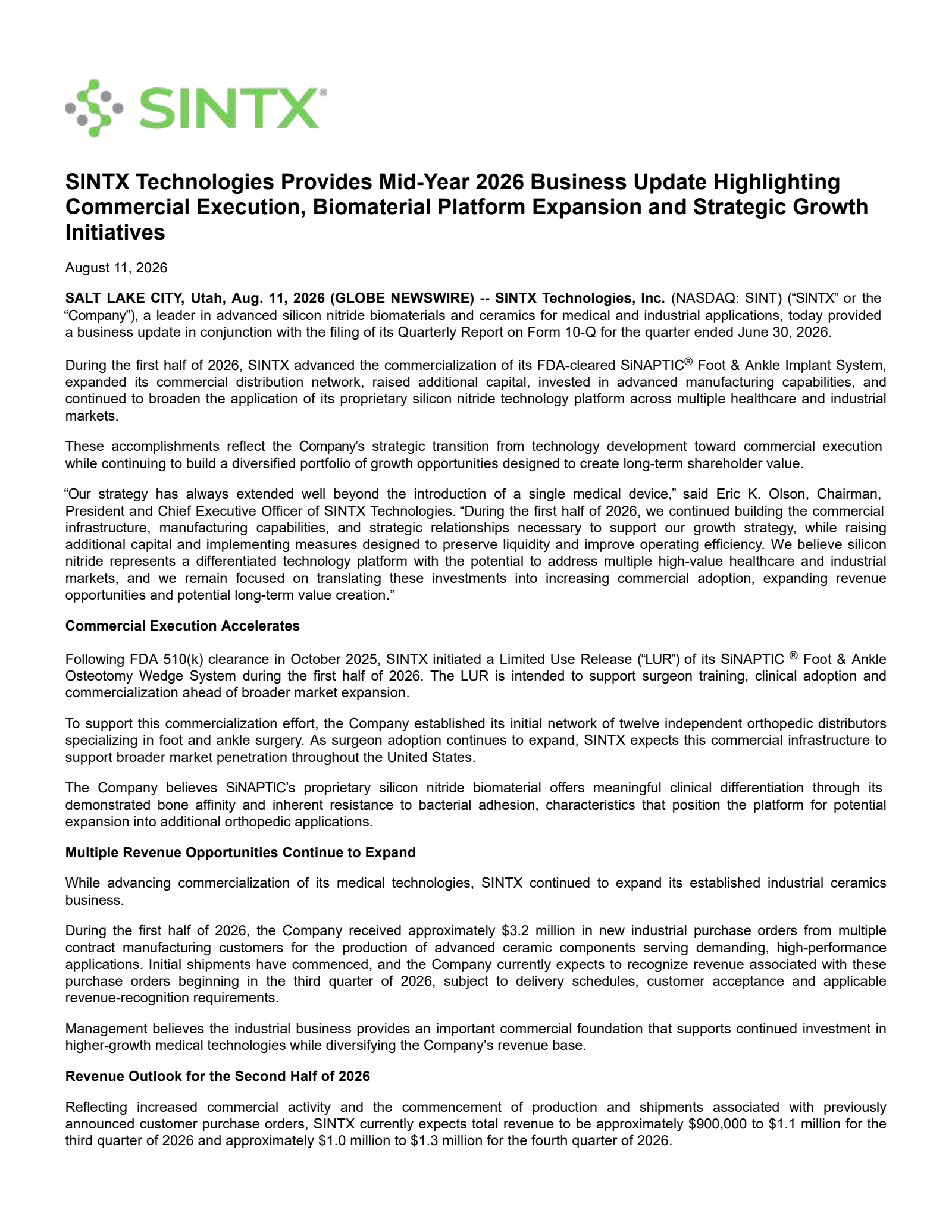 Sintx Technologies' Q2 2026 Press Release