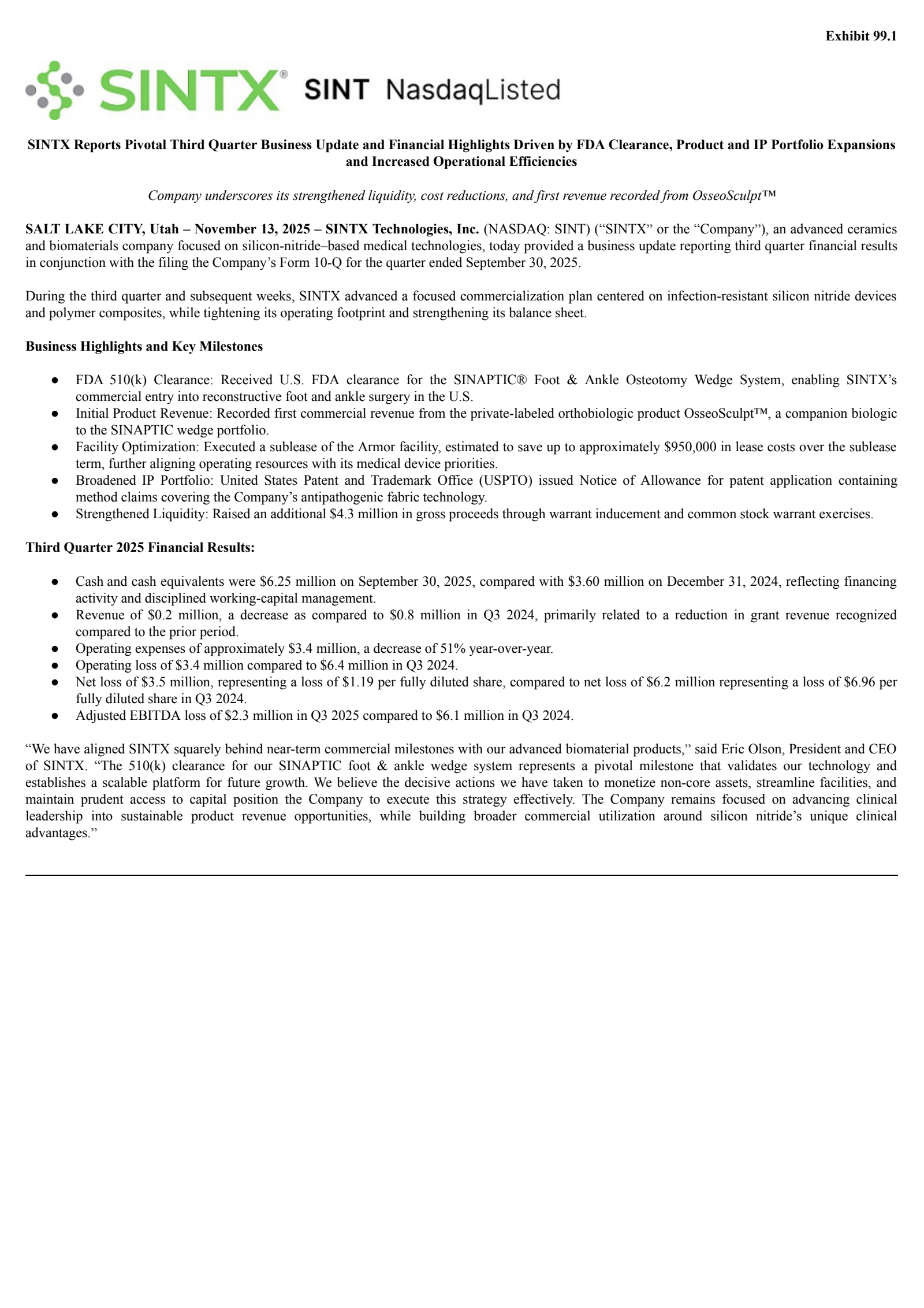 Sintx Technologies' Q3 2025 Press Release