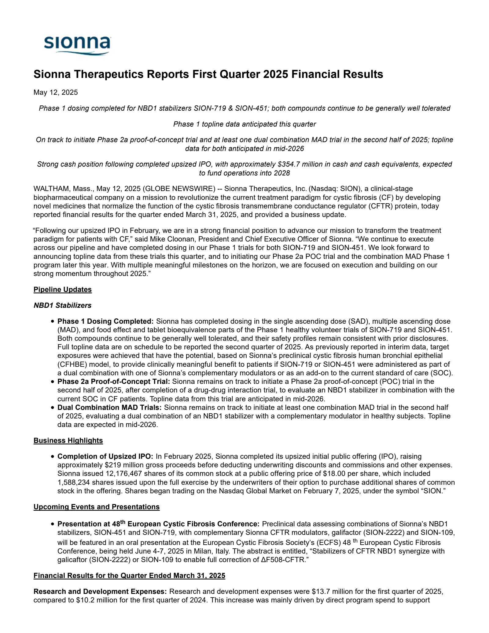 Sionna Therapeutics' Q1 2025 Earnings Release