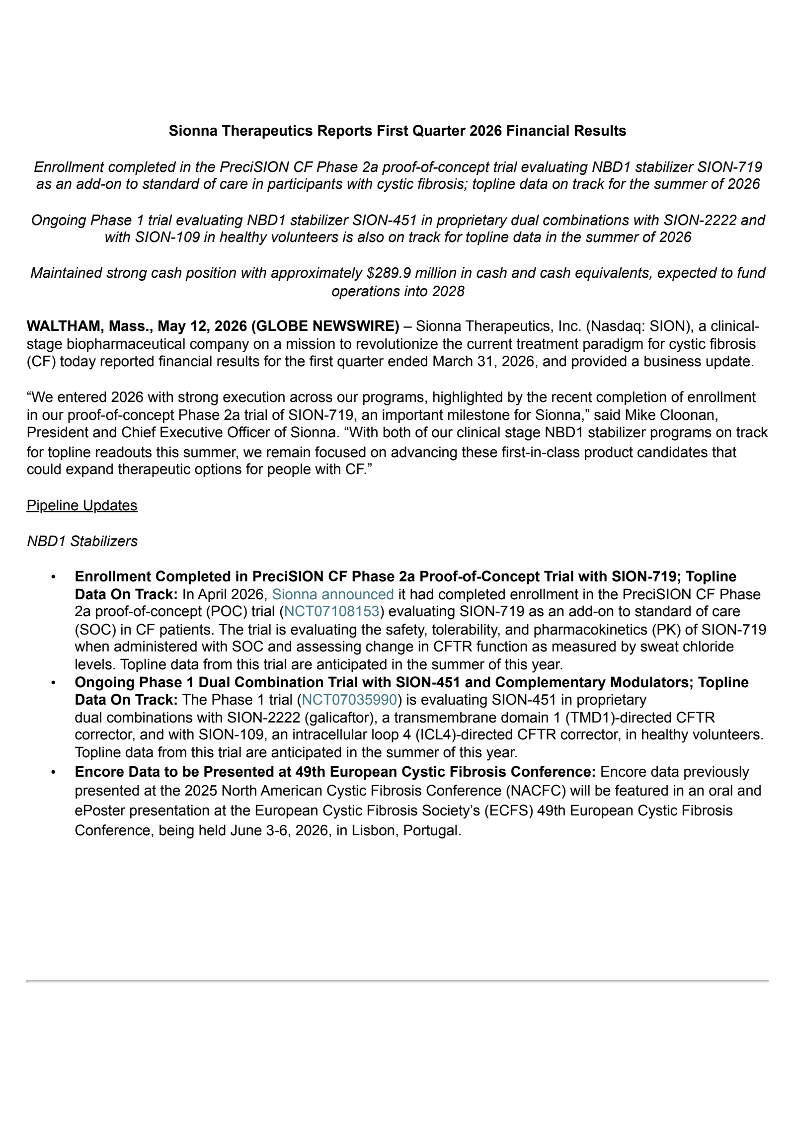 Sionna Therapeutics' Q1 2026 Press Release