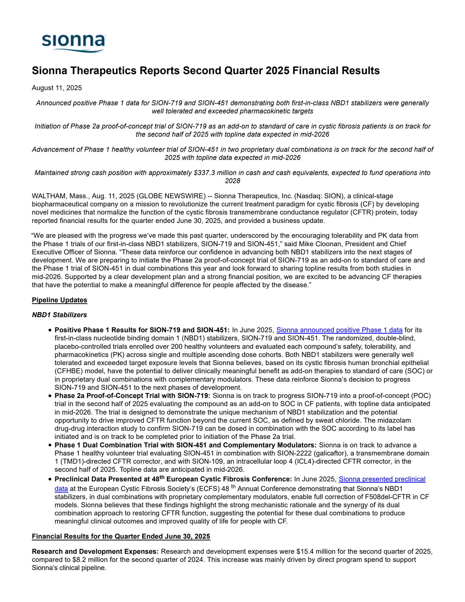 Sionna Therapeutics' Q2 2025 Earnings Release