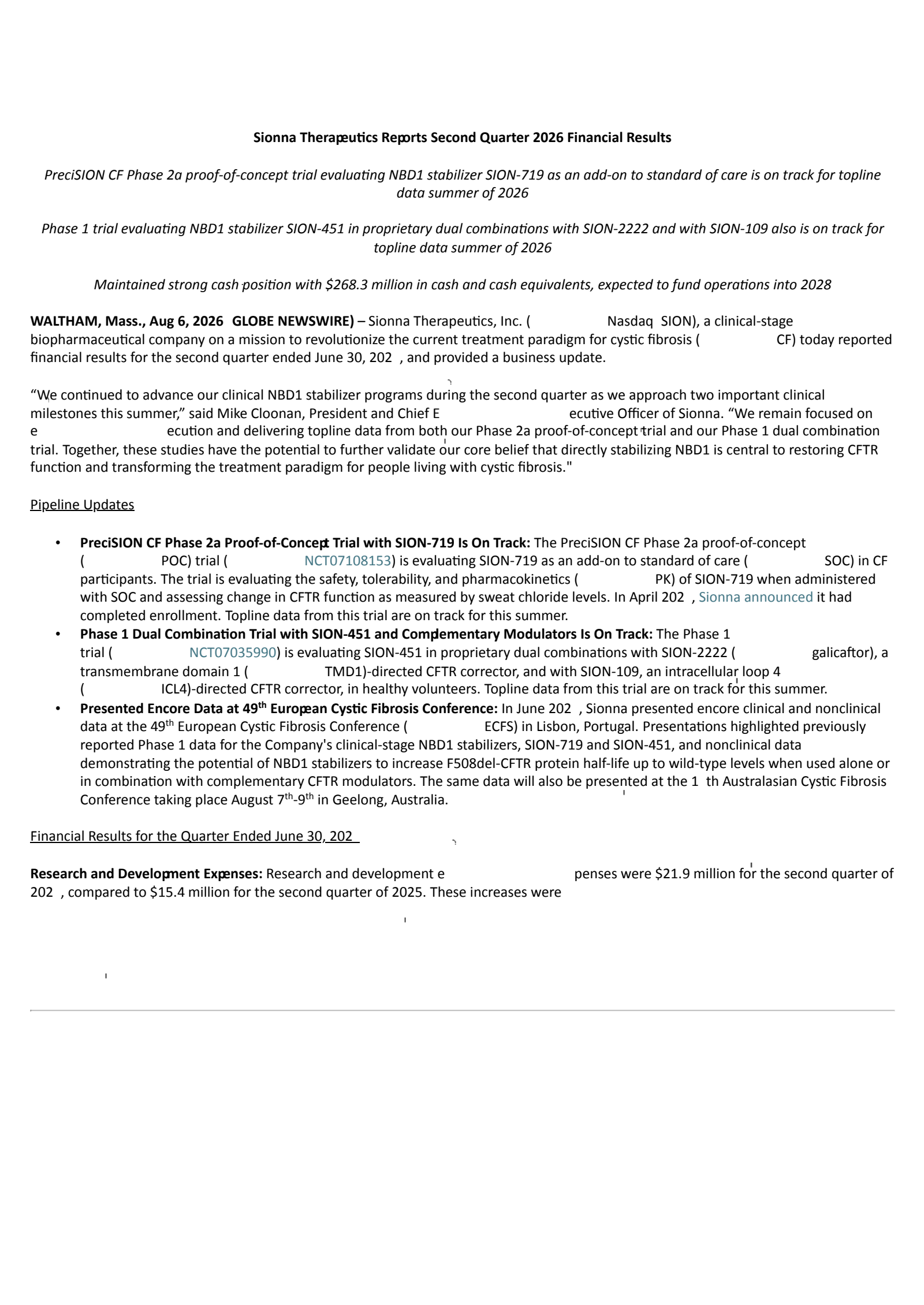Sionna Therapeutics' Q2 2026 Press Release