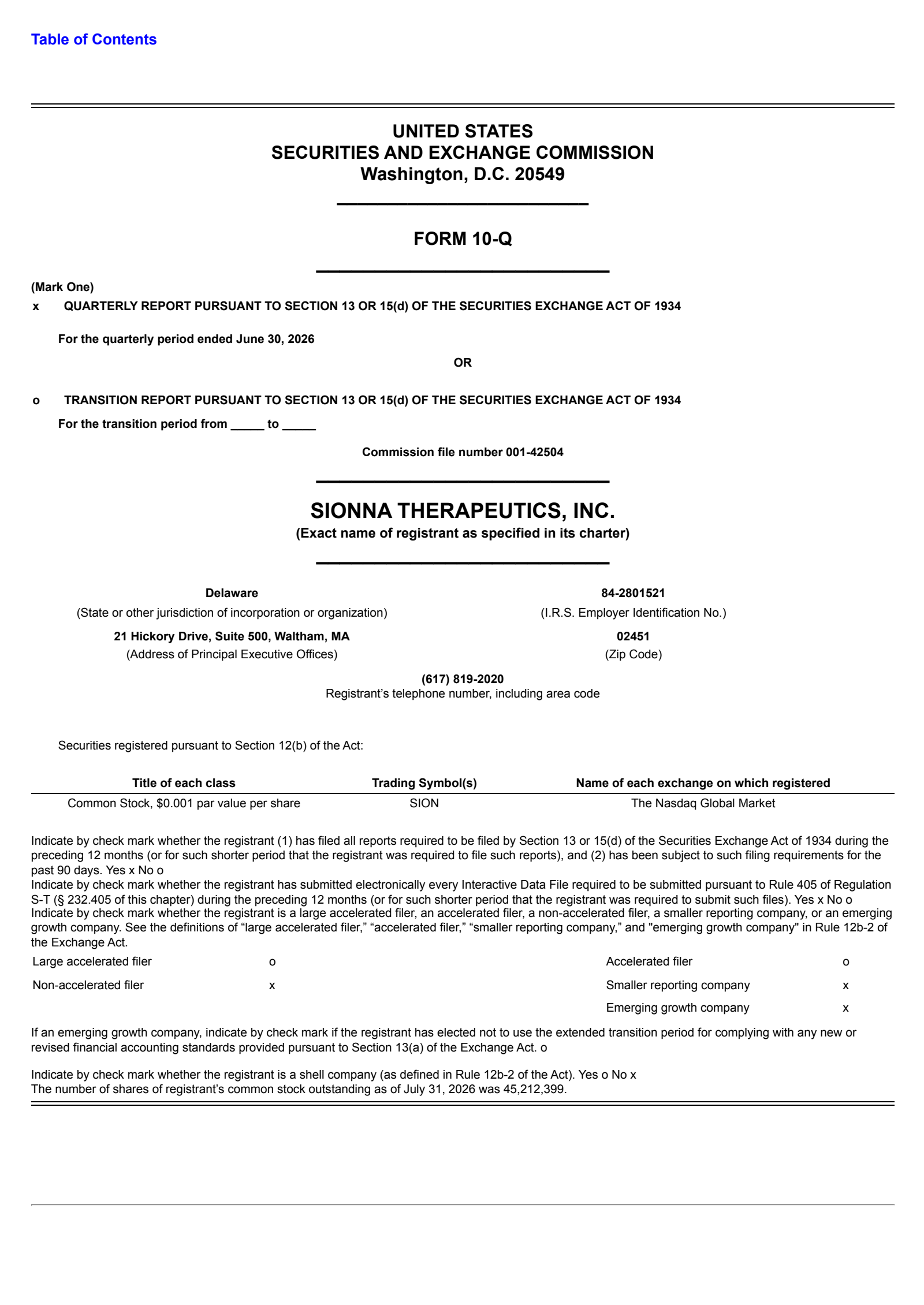 Sionna Therapeutics' Q2 2026 Quarterly report