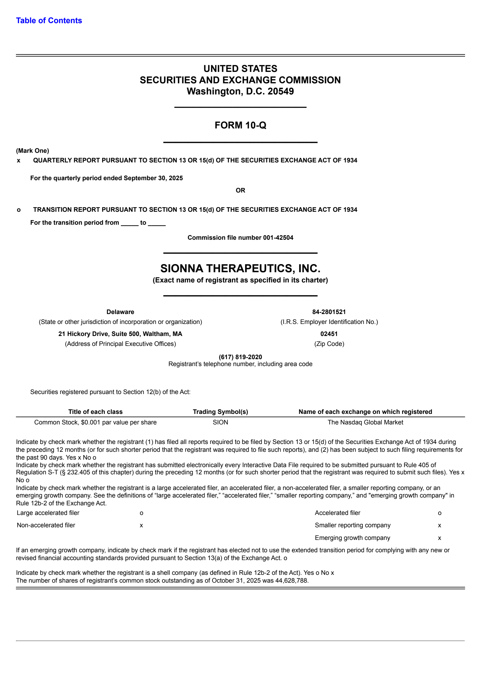 Sionna Therapeutics' Q3 2025 Quarterly Report