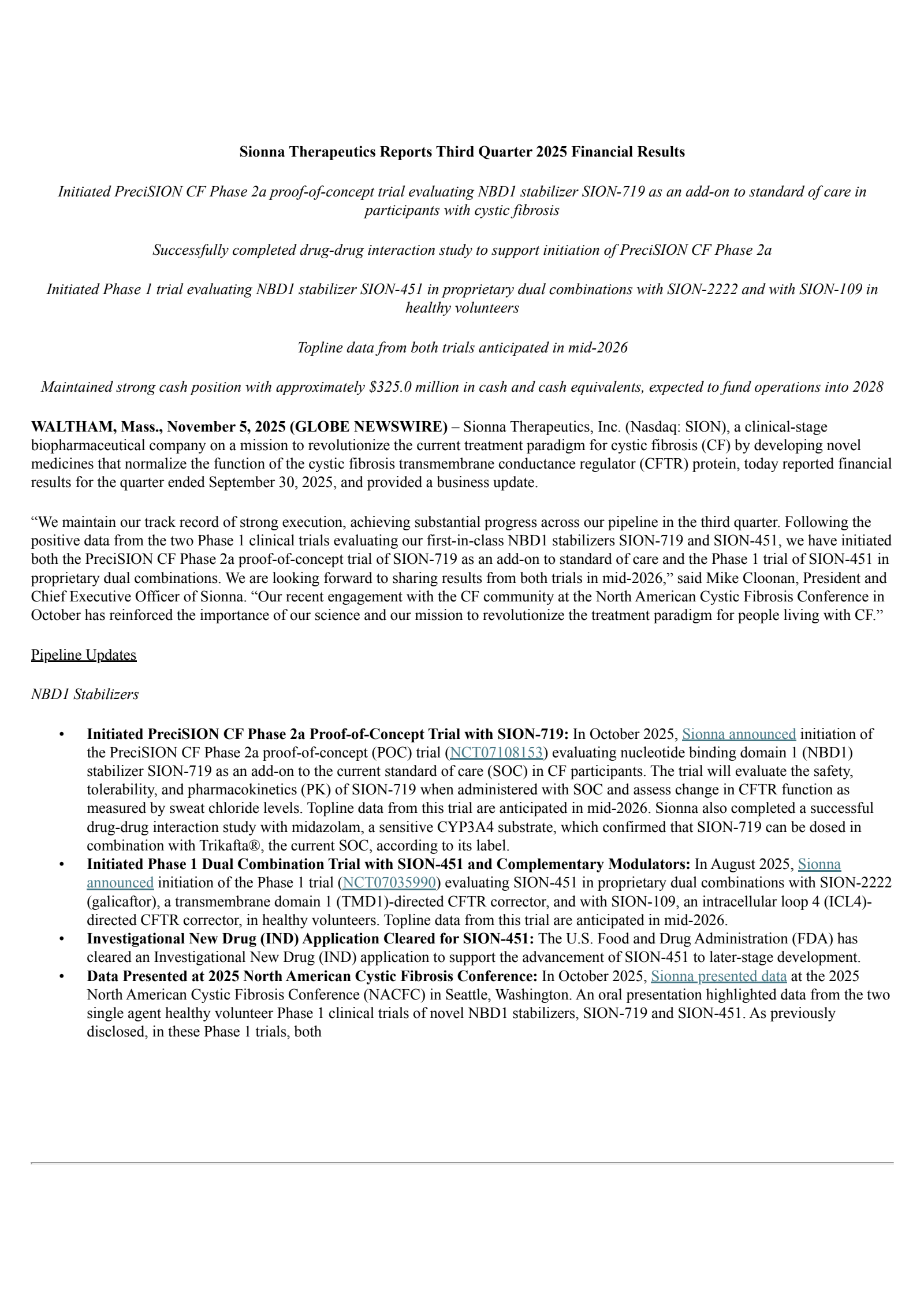 Sionna Therapeutics' Q3 2025 Earnings Release