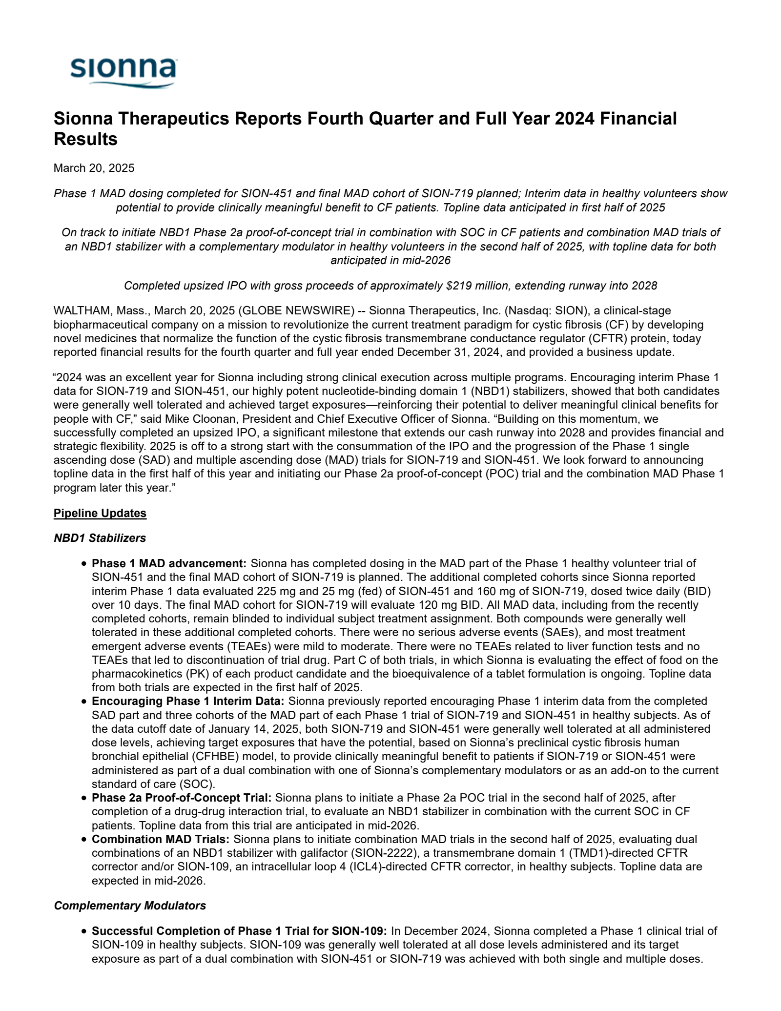 Sionna Therapeutics' Q4 2024 Earnings Release