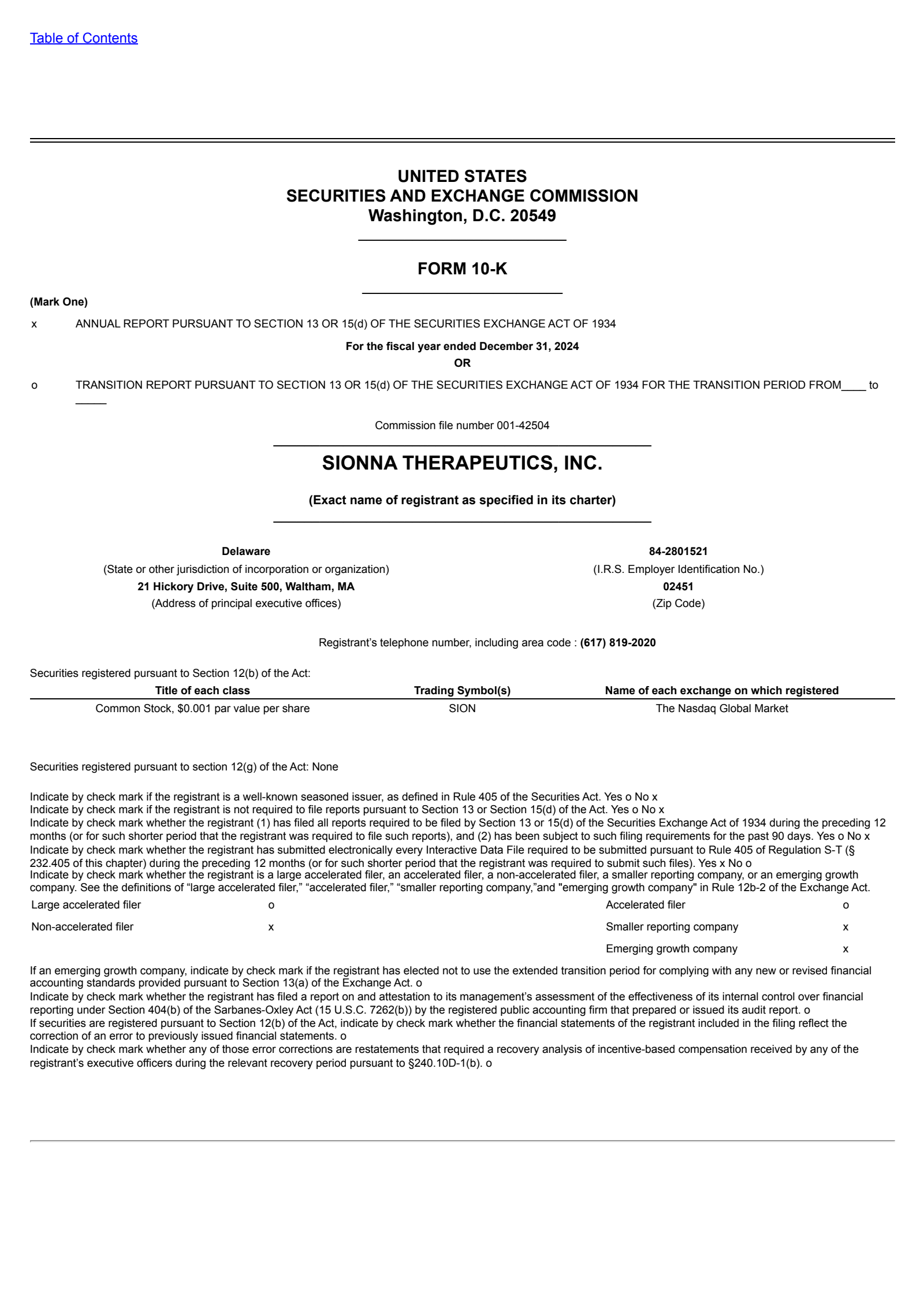 Sionna Therapeutics' Q4 2024 Annual report
