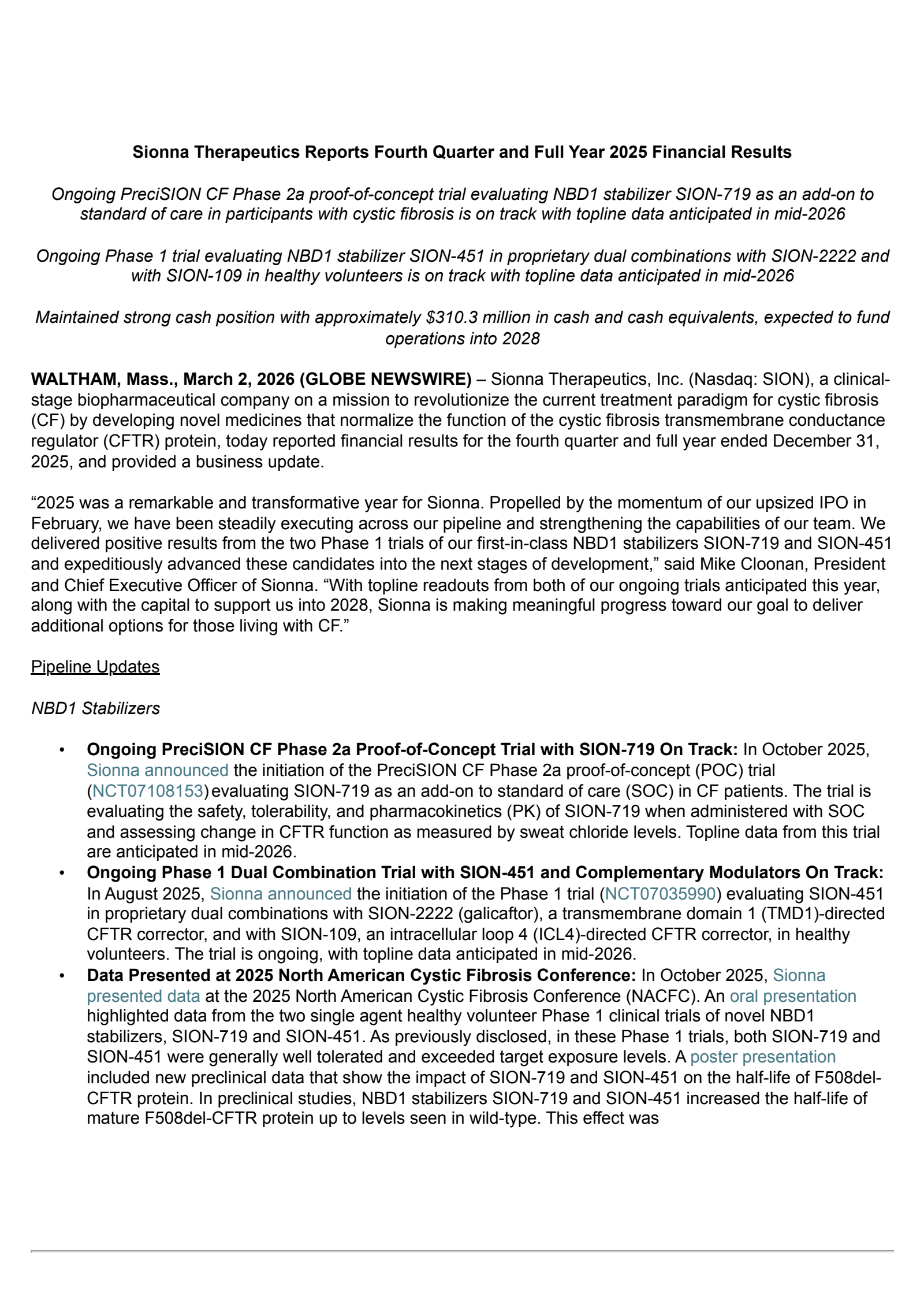 Sionna Therapeutics' Q4 2025 Press Release