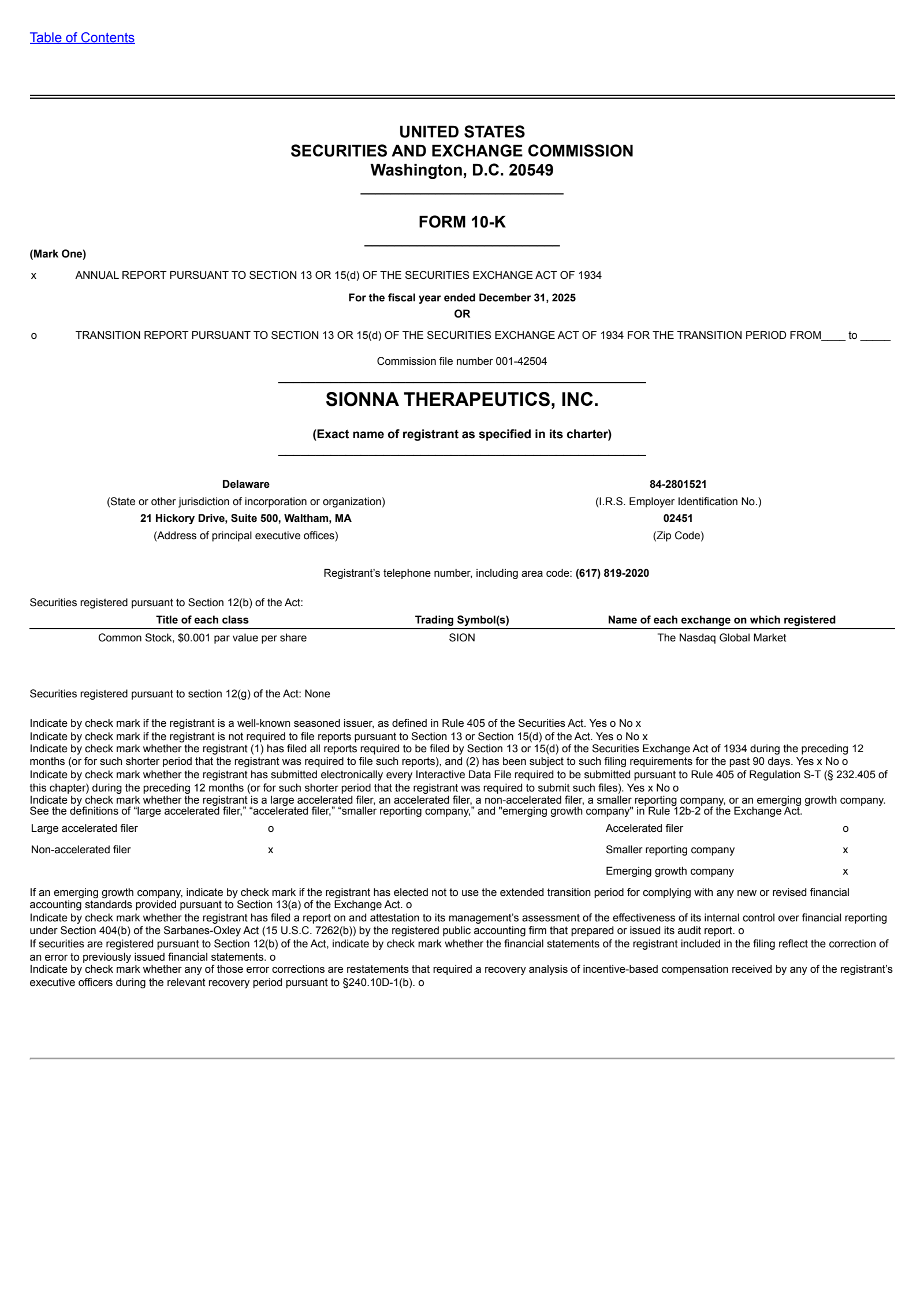 Sionna Therapeutics' Q4 2025 Annual report