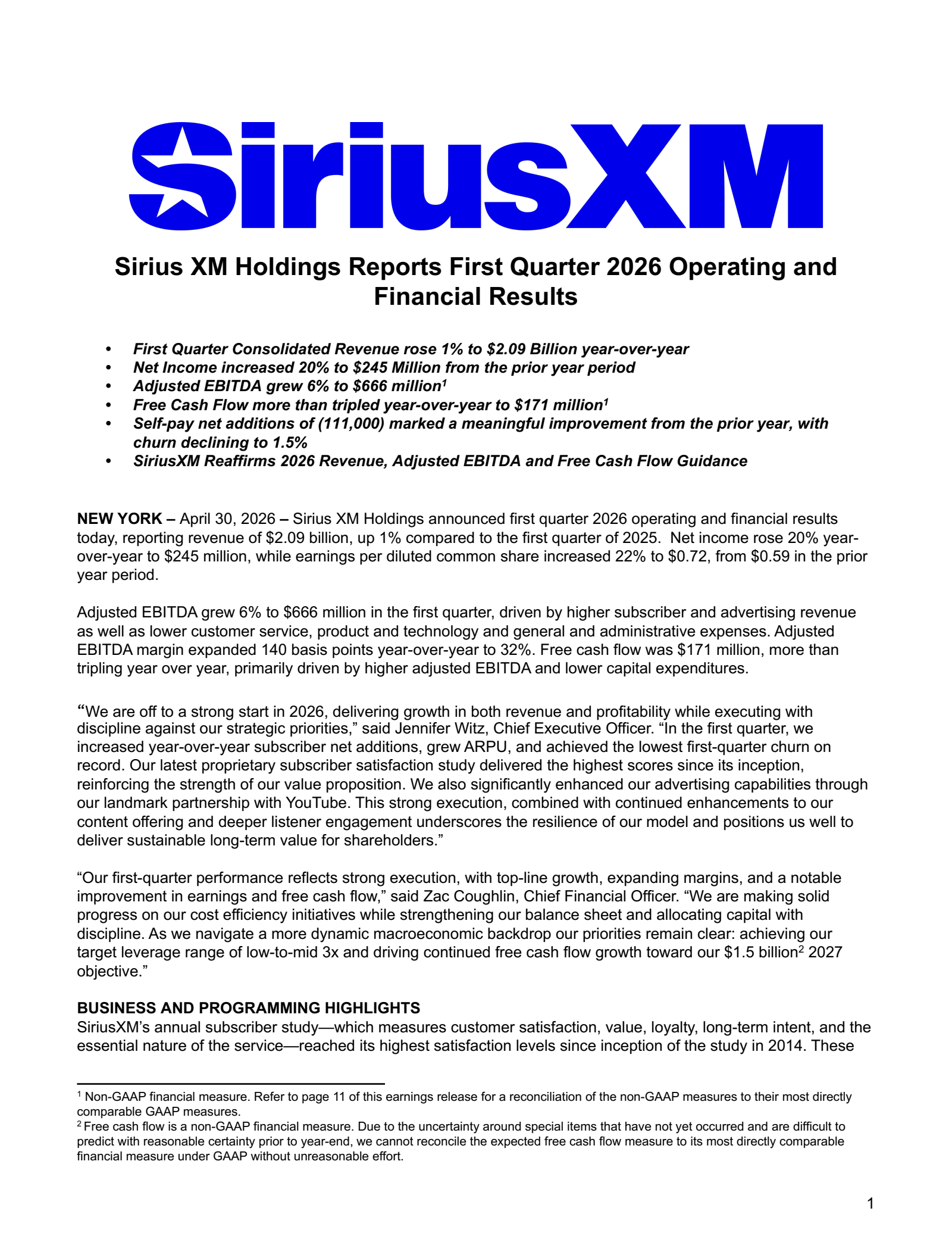 Sirius XM's Q1 2026 Press Release