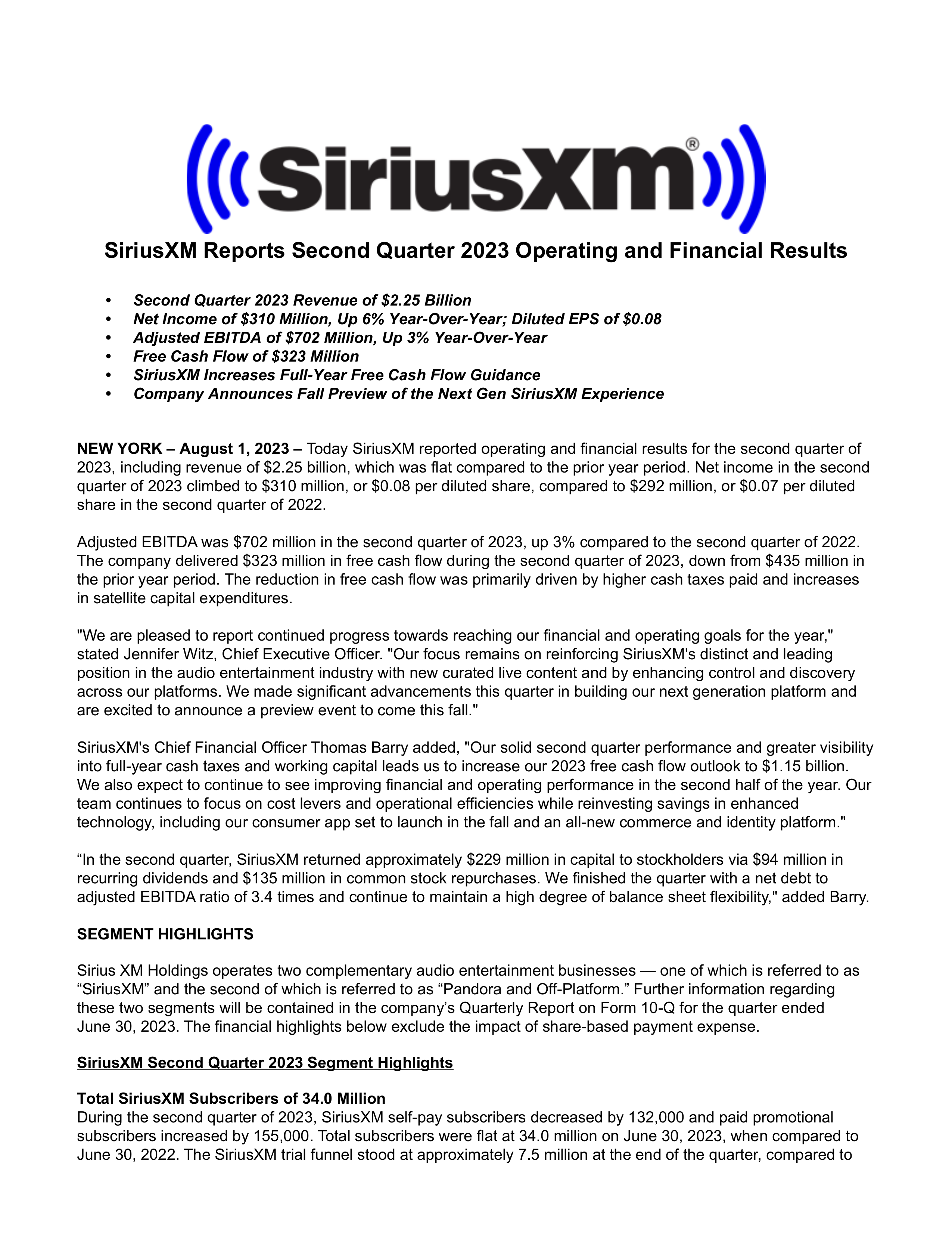 Sirius XM's Q2 2023 Press Release