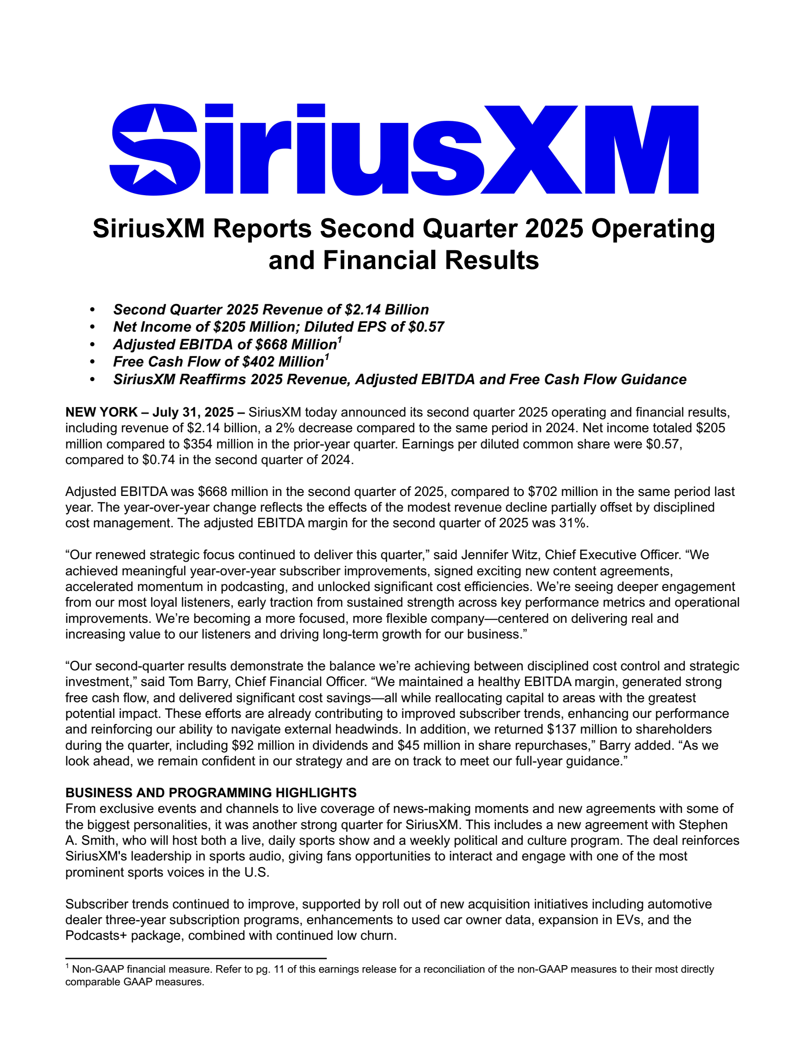 Sirius XM's Q2 2025 Press Release
